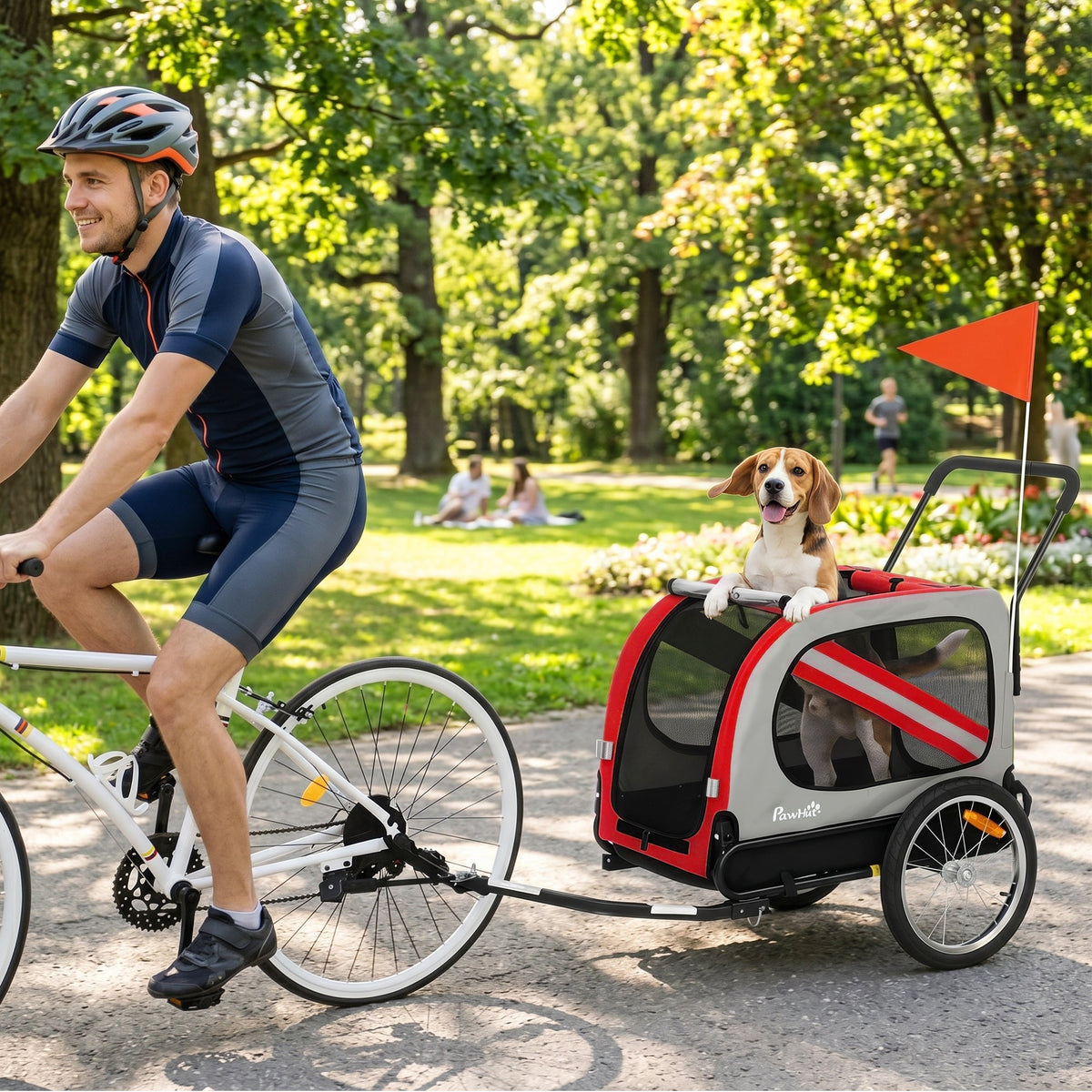Dog Bike Trailer, 2 in 1 Foldable Pet Stroller Security Harness, Reflectors, Quick Release Wheels, Flag, for Medium Dogs, Red