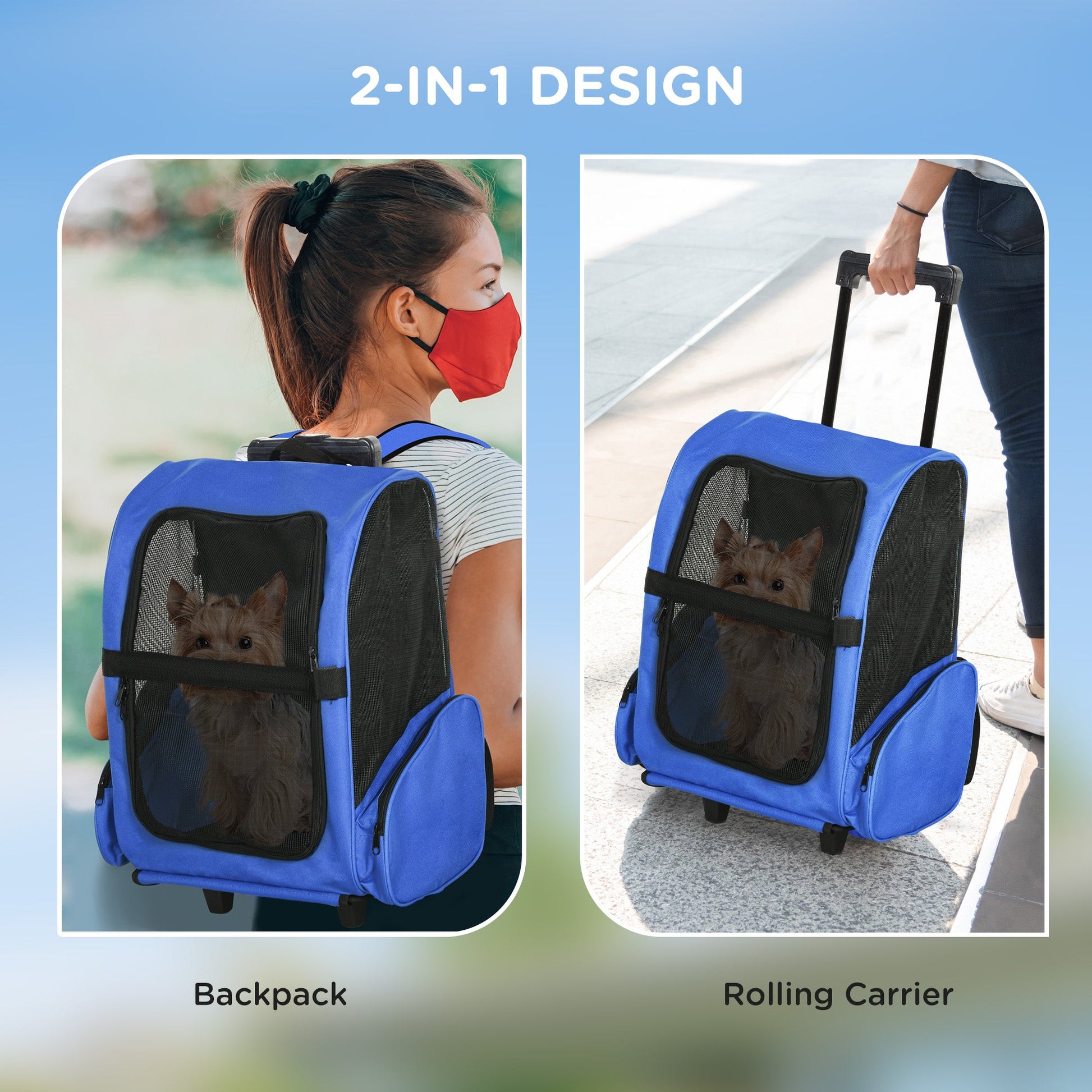 Pet Travel Backpack Bag Cat Puppy Dog Carrier w/ Trolley and Telescopic Handle Portable Stroller Wheel Luggage Bag (Blue)