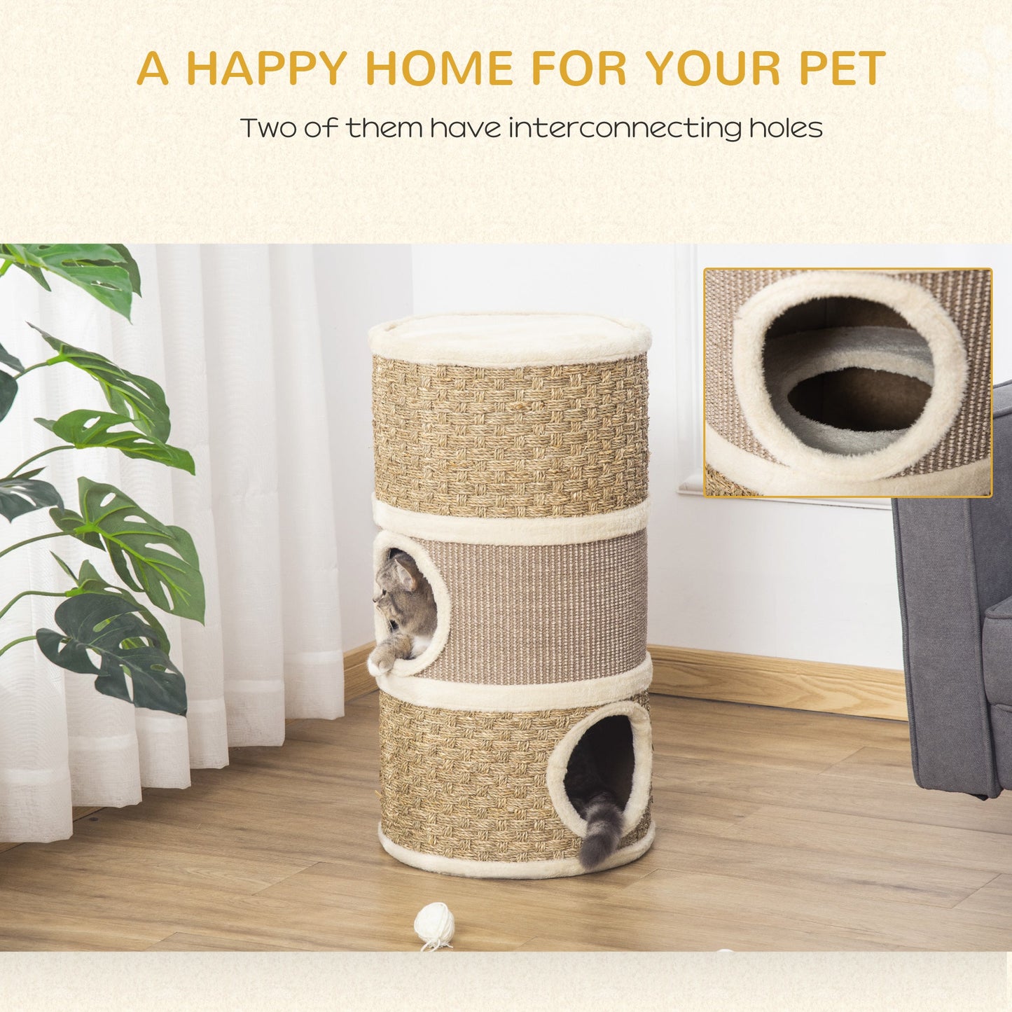 Cat Scratching Barrel Kitten Tree Tower for Indoor Cats Pet Furniture Climbing Frame Covered with Sisal and Seaweed Rope Cozy Platform Soft Plush