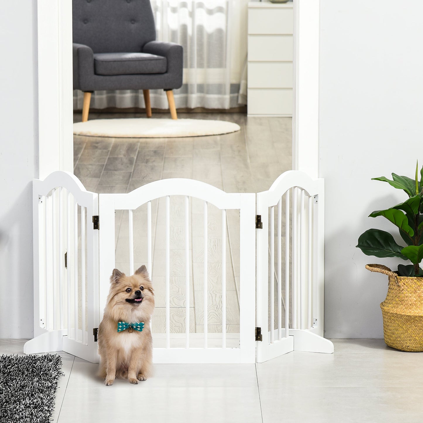 Freestanding Pet Gate Wooden Dog Gate with Support Feet Foldable Pet Fence Safety Barrier for the House Doorway Stairs White