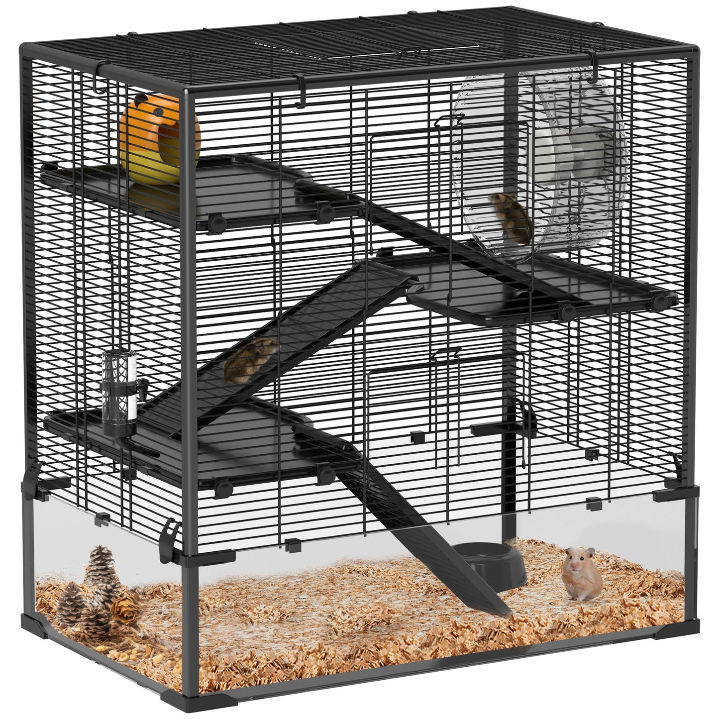 Hamster Cage with Deep Tempered Glass Bottom, 4 Tier Large Hamster Tank with Hut, Running Wheel, Platforms, Ramps, Food Dish, Water Bottle, for Syrian, Dwarf, Rats, Gerbils, 78.5 x 48.5 x 80cm