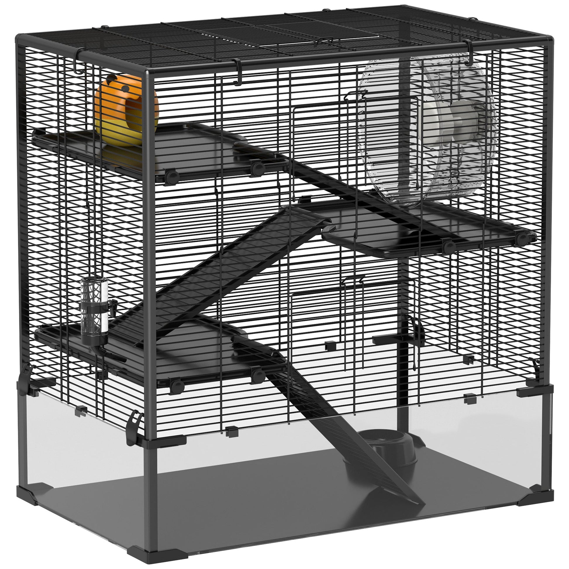 Hamster Cage with Deep Tempered Glass Bottom, 4 Tier Large Hamster Tank with Hut, Running Wheel, Platforms, Ramps, Food Dish, Water Bottle, for Syrian, Dwarf, Rats, Gerbils, 78.5 x 48.5 x 80cm