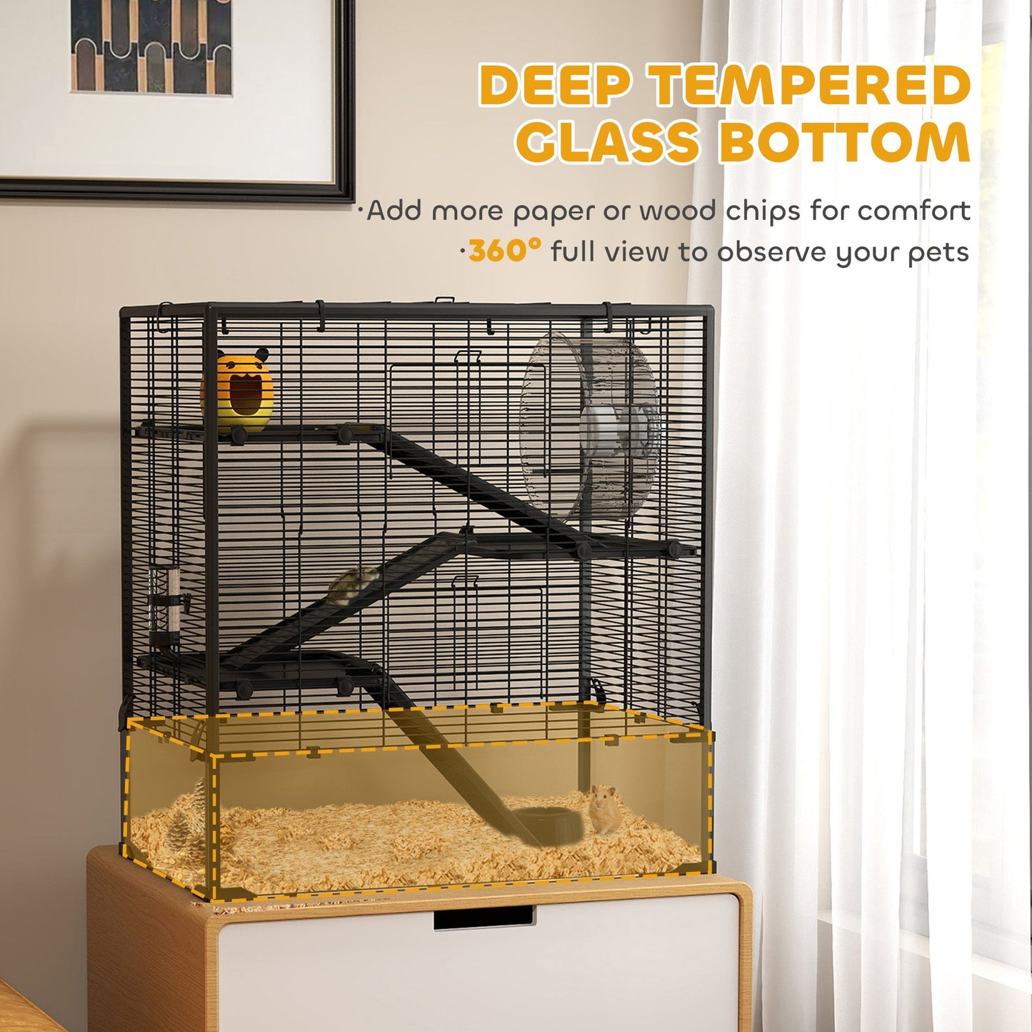 Hamster Cage with Deep Tempered Glass Bottom, 4 Tier Large Hamster Tank with Hut, Running Wheel, Platforms, Ramps, Food Dish, Water Bottle, for Syrian, Dwarf, Rats, Gerbils, 78.5 x 48.5 x 80cm