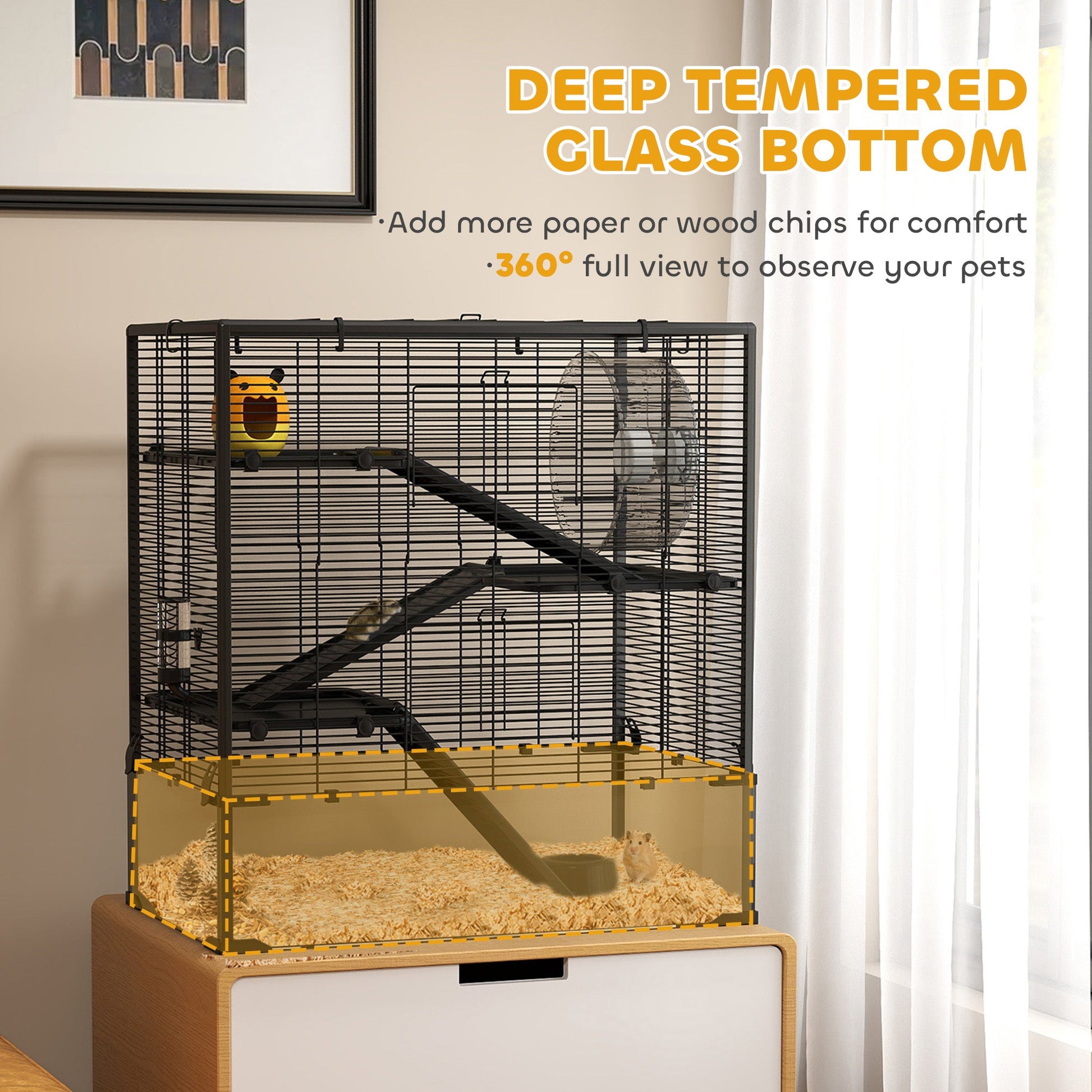 Hamster Cage with Deep Tempered Glass Bottom, 4 Tier Large Hamster Tank with Hut, Running Wheel, Platforms, Ramps, Food Dish, Water Bottle, for Syrian, Dwarf, Rats, Gerbils, 78.5 x 48.5 x 80cm