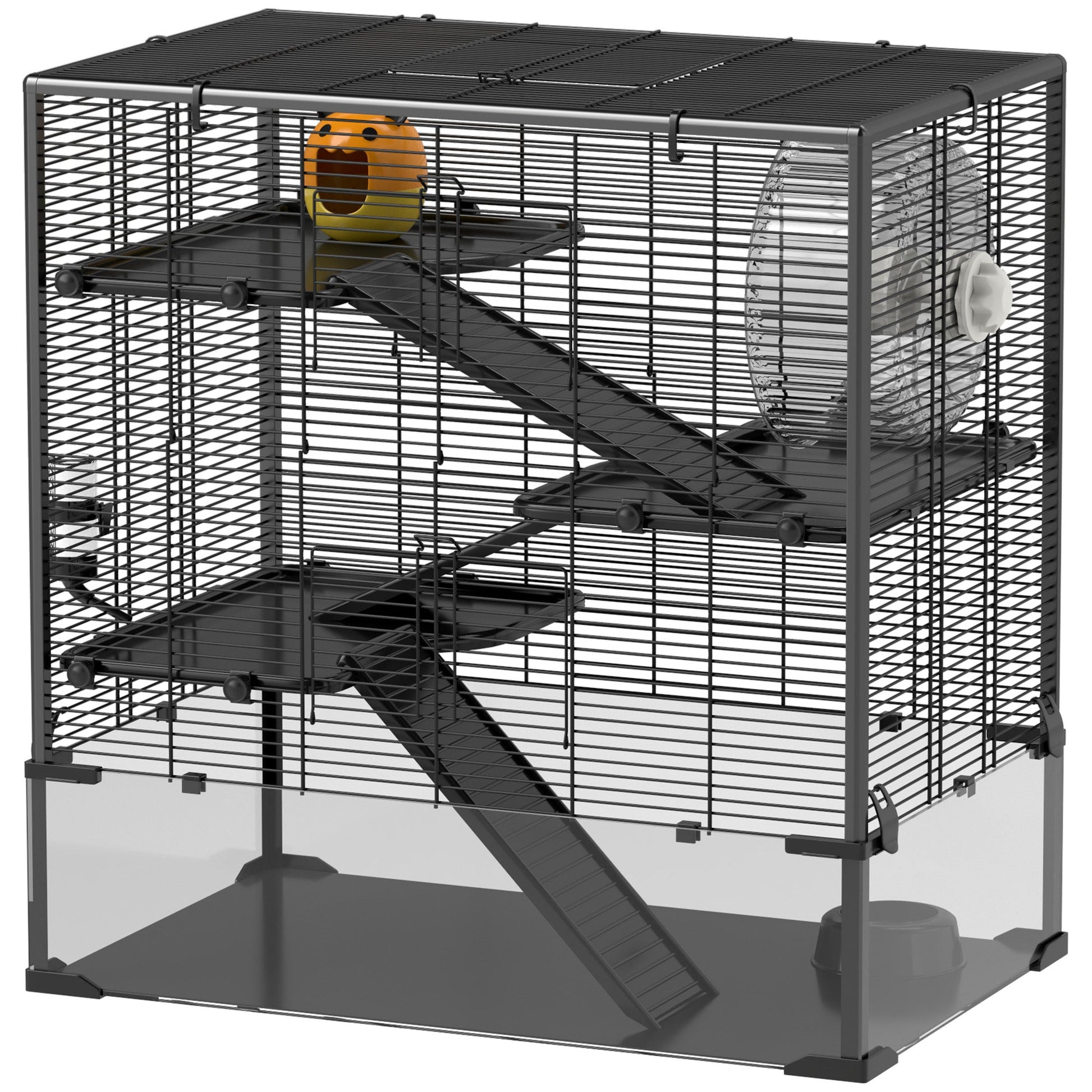 Hamster Cage with Deep Tempered Glass Bottom, 4 Tier Large Hamster Tank with Hut, Running Wheel, Platforms, Ramps, Food Dish, Water Bottle, for Syrian, Dwarf, Rats, Gerbils, 78.5 x 48.5 x 80cm