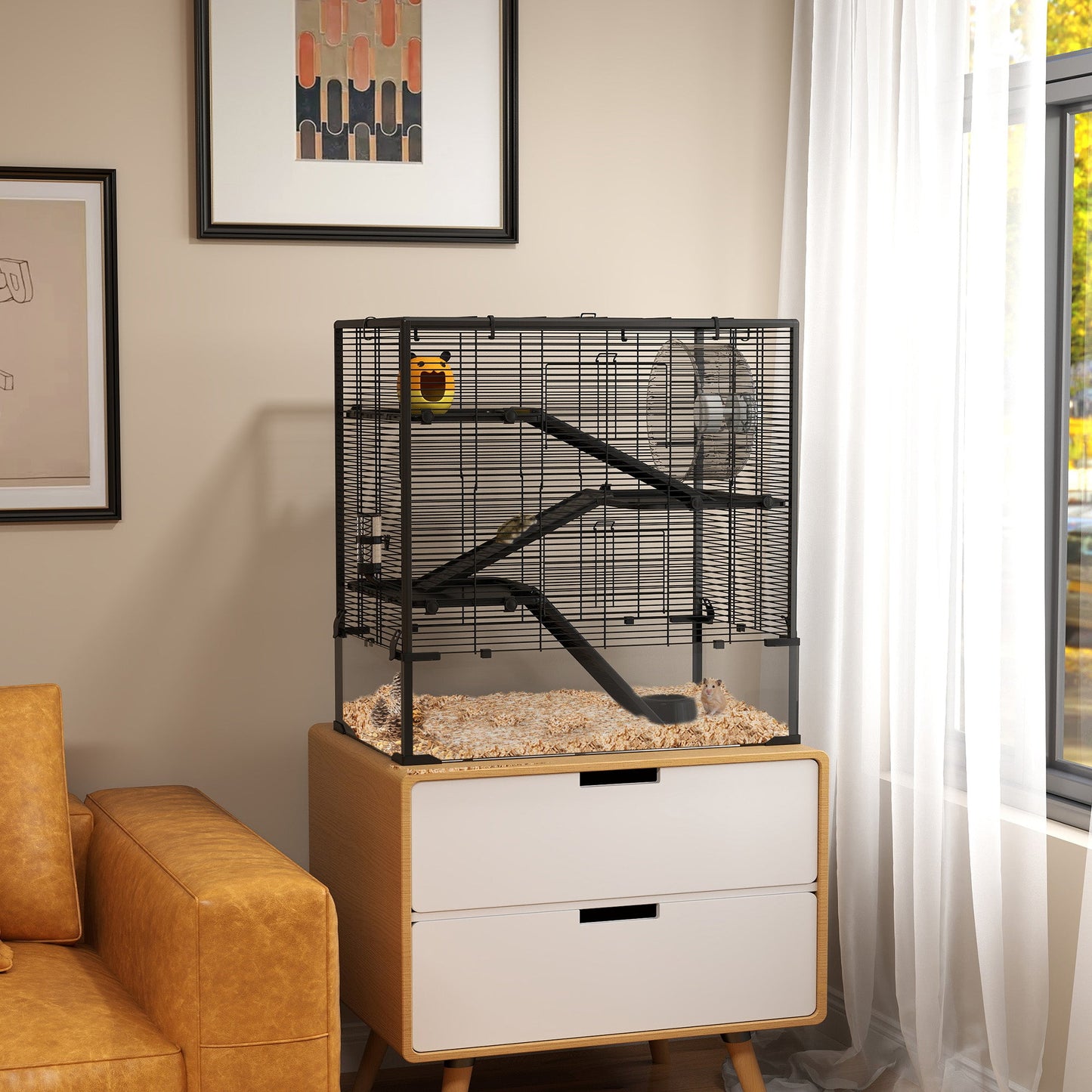 Hamster Cage with Deep Tempered Glass Bottom, 4 Tier Large Hamster Tank with Hut, Running Wheel, Platforms, Ramps, Food Dish, Water Bottle, for Syrian, Dwarf, Rats, Gerbils, 78.5 x 48.5 x 80cm