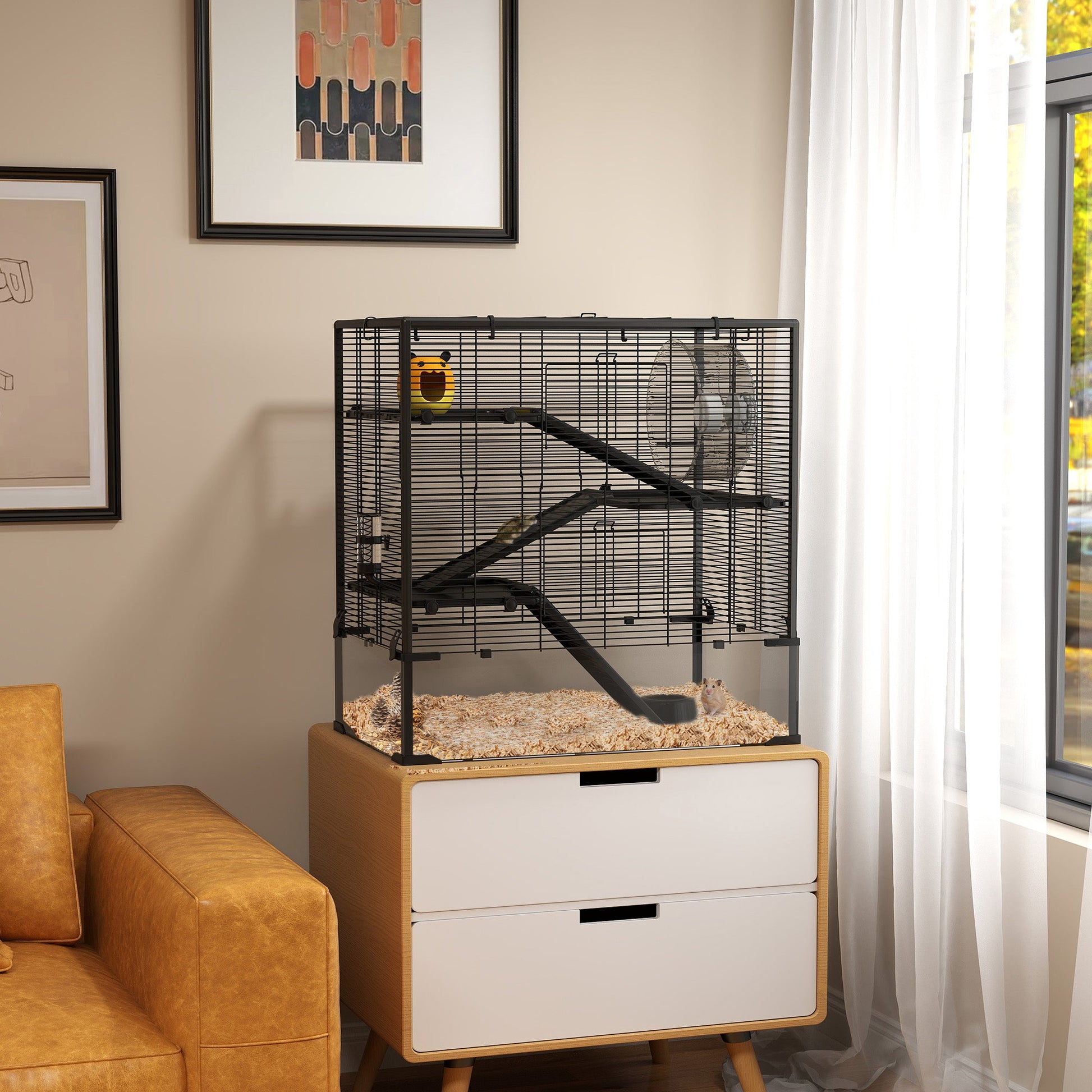 Hamster Cage with Deep Tempered Glass Bottom, 4 Tier Large Hamster Tank with Hut, Running Wheel, Platforms, Ramps, Food Dish, Water Bottle, for Syrian, Dwarf, Rats, Gerbils, 78.5 x 48.5 x 80cm