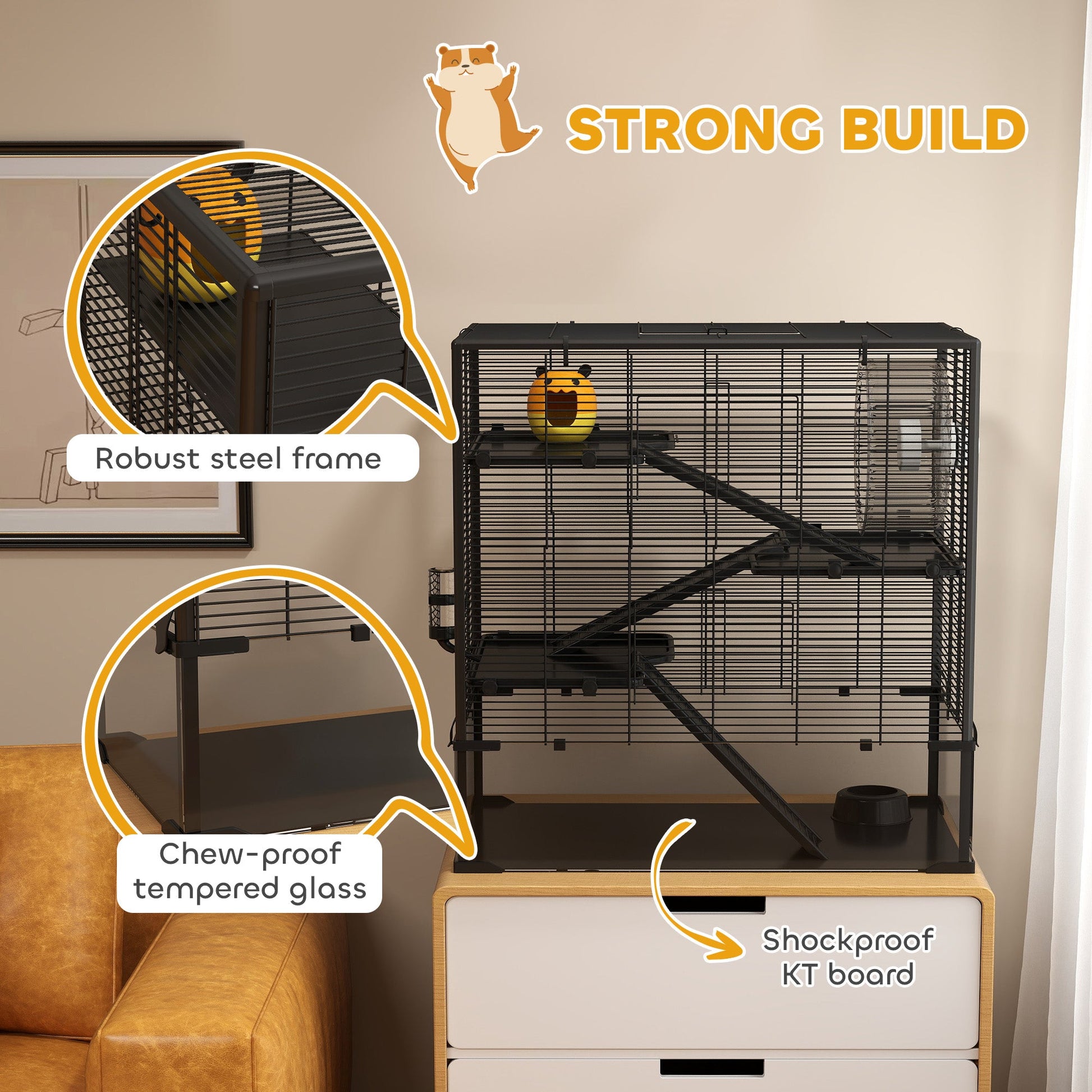 Hamster Cage with Deep Tempered Glass Bottom, 4 Tier Large Hamster Tank with Hut, Running Wheel, Platforms, Ramps, Food Dish, Water Bottle, for Syrian, Dwarf, Rats, Gerbils, 78.5 x 48.5 x 80cm