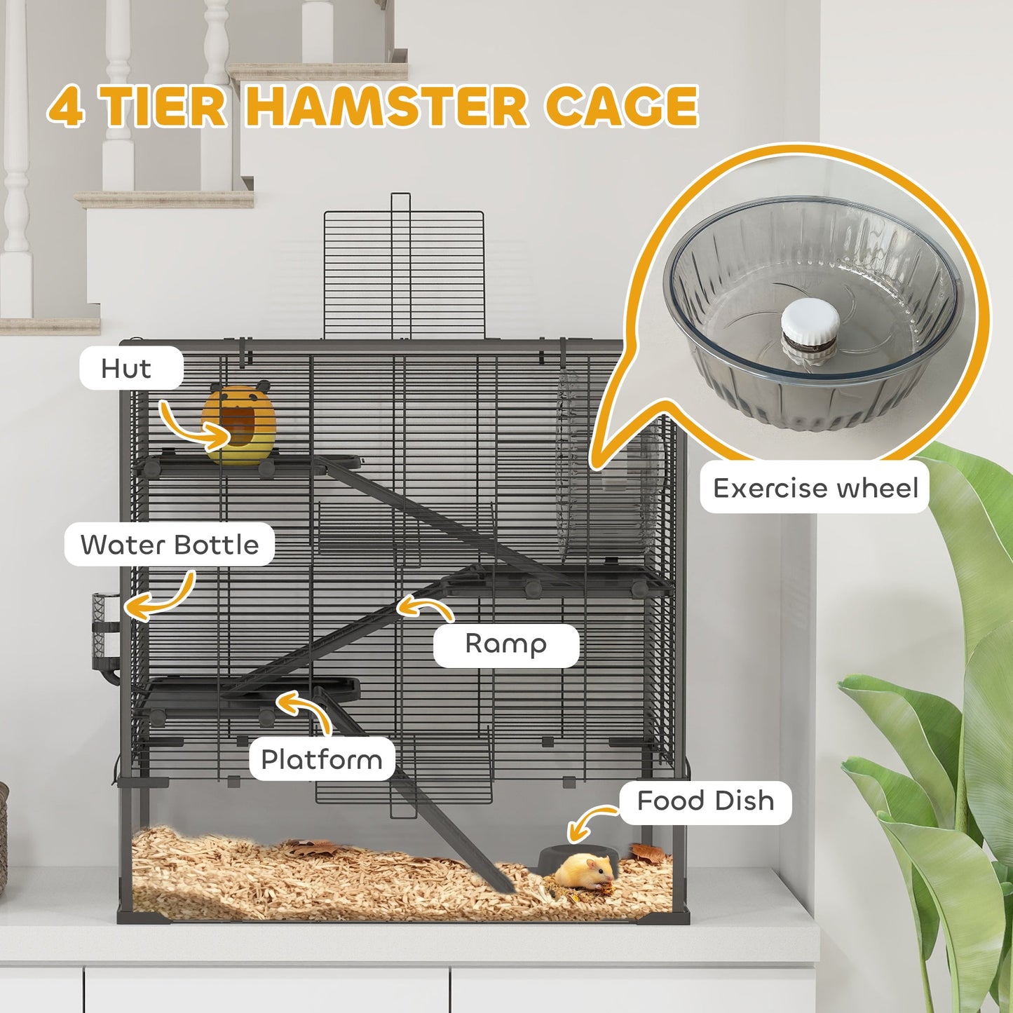 Hamster Cage with Deep Tempered Glass Bottom, 4 Tier Large Hamster Tank with Hut, Running Wheel, Platforms, Ramps, Food Dish, Water Bottle, for Syrian, Dwarf, Rats, Gerbils, 78.5 x 48.5 x 80cm