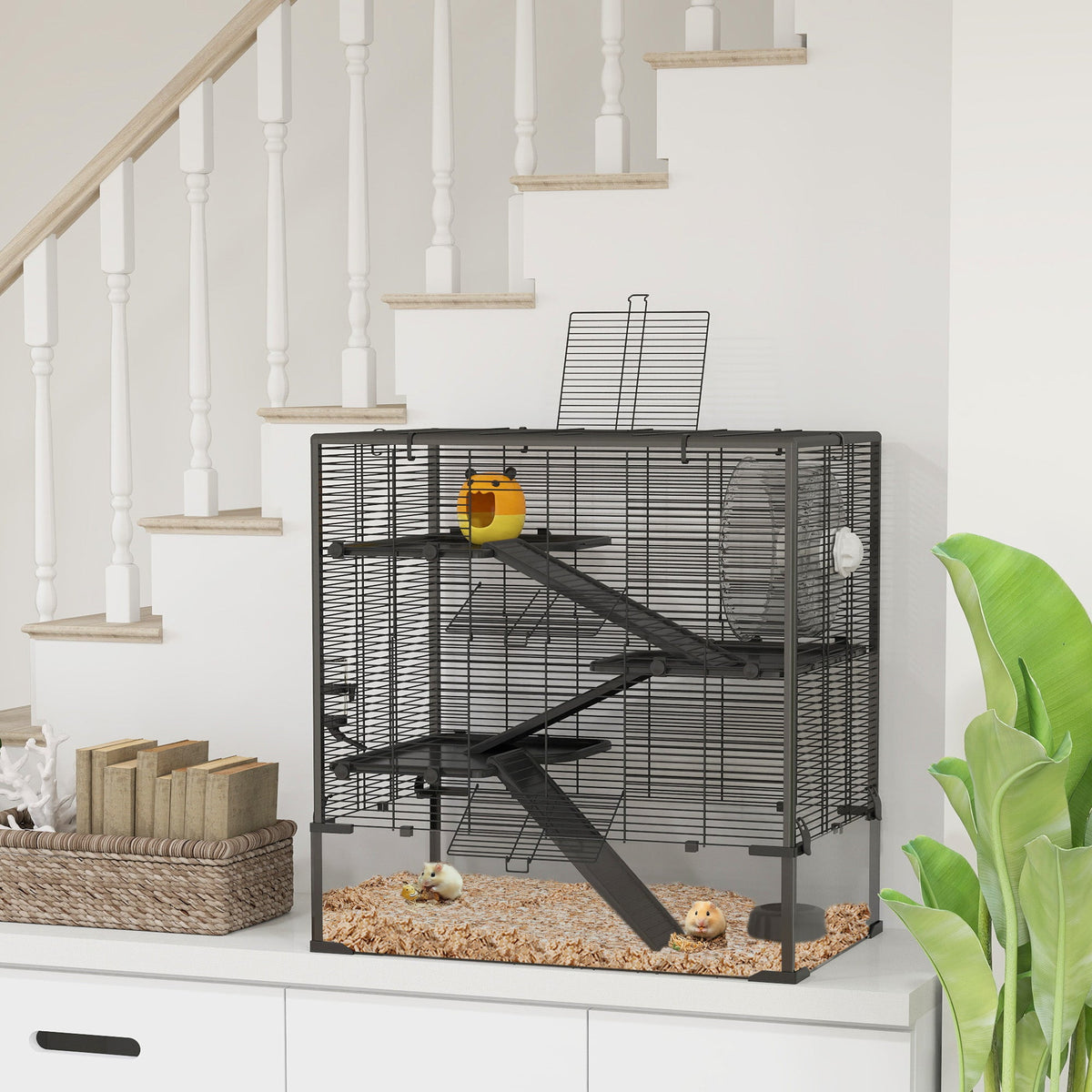 Hamster Cage with Deep Tempered Glass Bottom, 4 Tier Large Hamster Tank with Hut, Running Wheel, Platforms, Ramps, Food Dish, Water Bottle, for Syrian, Dwarf, Rats, Gerbils, 78.5 x 48.5 x 80cm