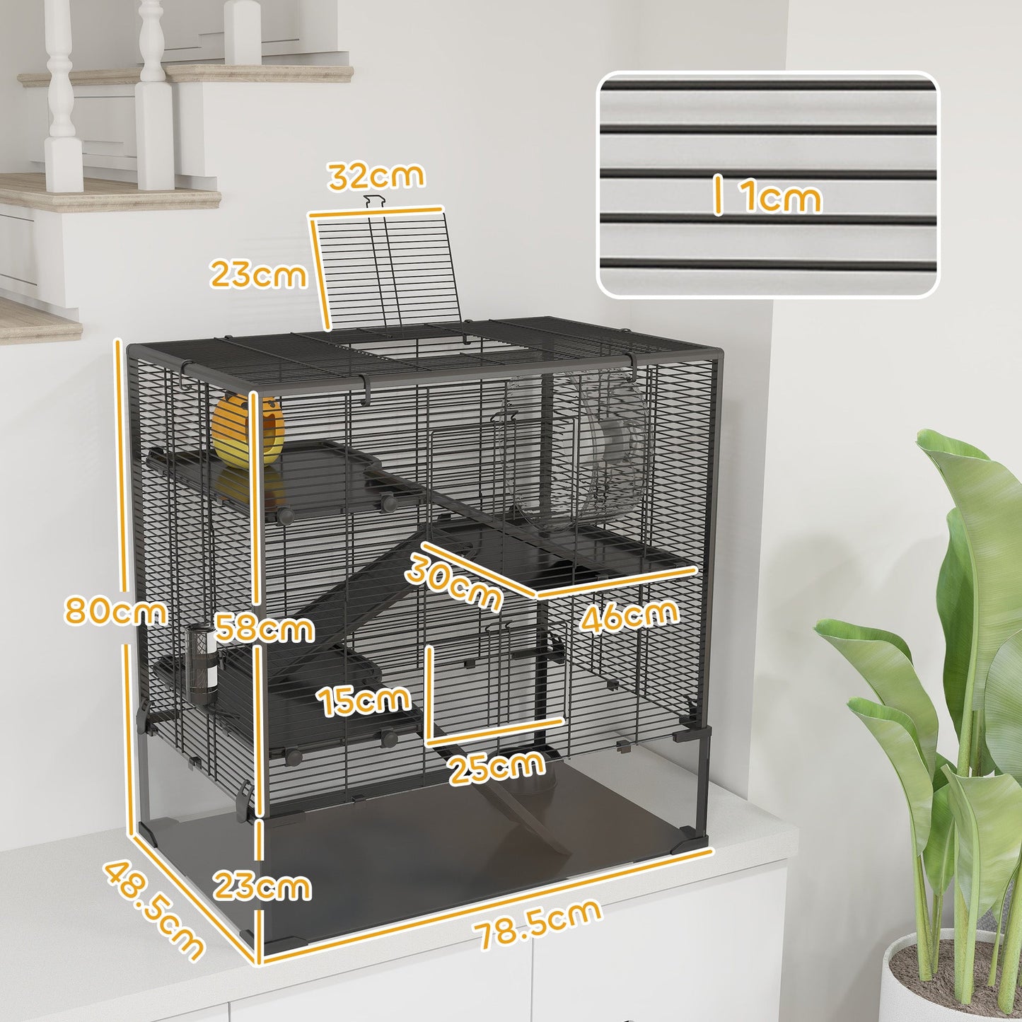 Hamster Cage with Deep Tempered Glass Bottom, 4 Tier Large Hamster Tank with Hut, Running Wheel, Platforms, Ramps, Food Dish, Water Bottle, for Syrian, Dwarf, Rats, Gerbils, 78.5 x 48.5 x 80cm