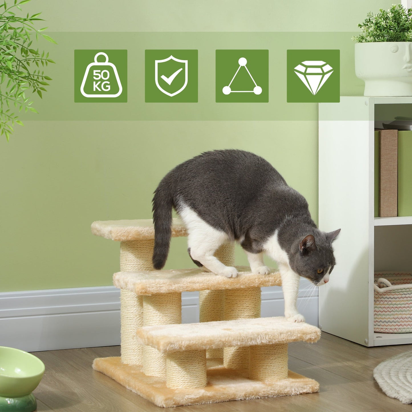Pet Stairs 3-step Pet Ladder Cat dog Stairs Climb Ladder Cat Tree, Beige