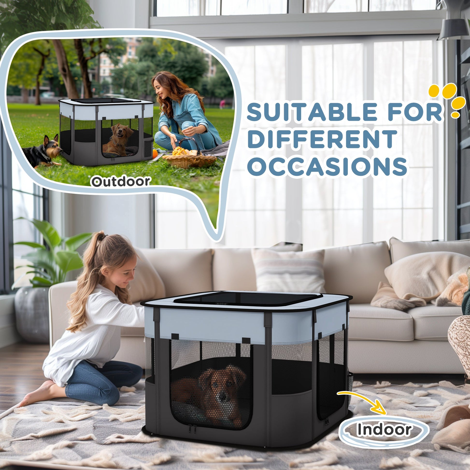 Dog Pen, Pet Playpen, Portable Foldable Dog Cat Playpen Soft Pet Cage with Storage Bag for Puppies, Rabbits, Kittens, Guinea Pigs, 74 x 60 x 45cm - Grey