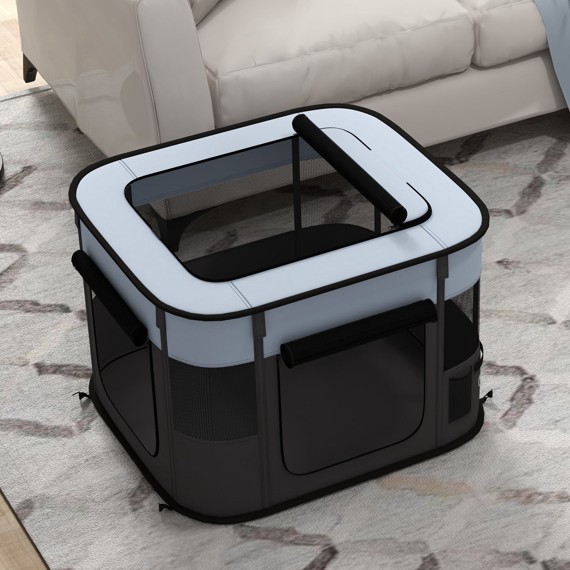 Dog Pen, Pet Playpen, Portable Foldable Dog Cat Playpen Soft Pet Cage with Storage Bag for Puppies, Rabbits, Kittens, Guinea Pigs, 74 x 60 x 45cm - Grey