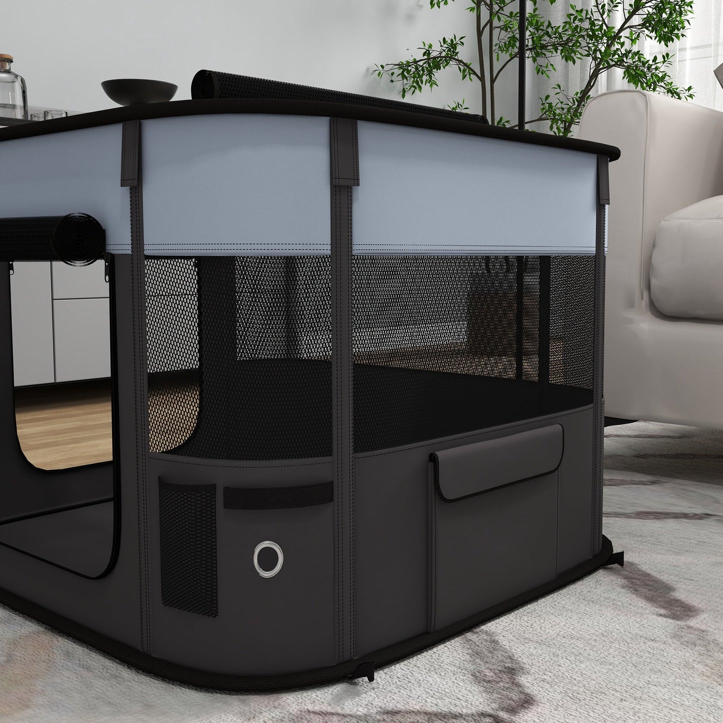 Dog Pen, Pet Playpen, Portable Foldable Dog Cat Playpen Soft Pet Cage with Storage Bag for Puppies, Rabbits, Kittens, Guinea Pigs, 74 x 60 x 45cm - Grey