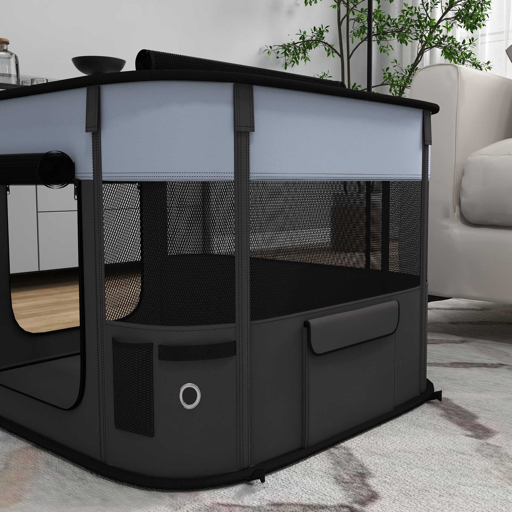 Dog Pen, Pet Playpen, Portable Foldable Dog Cat Playpen Soft Pet Cage with Storage Bag for Puppies, Rabbits, Kittens, Guinea Pigs, 74 x 60 x 45cm - Grey