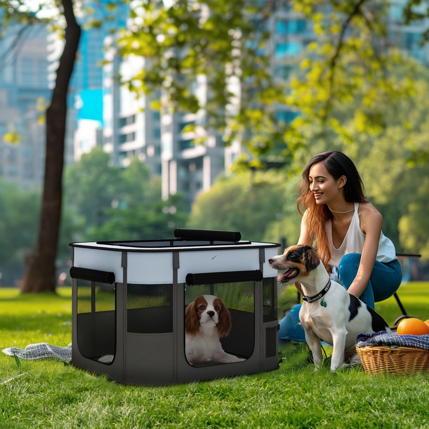 Dog Pen, Pet Playpen, Portable Foldable Dog Cat Playpen Soft Pet Cage with Storage Bag for Puppies, Rabbits, Kittens, Guinea Pigs, 74 x 60 x 45cm - Grey
