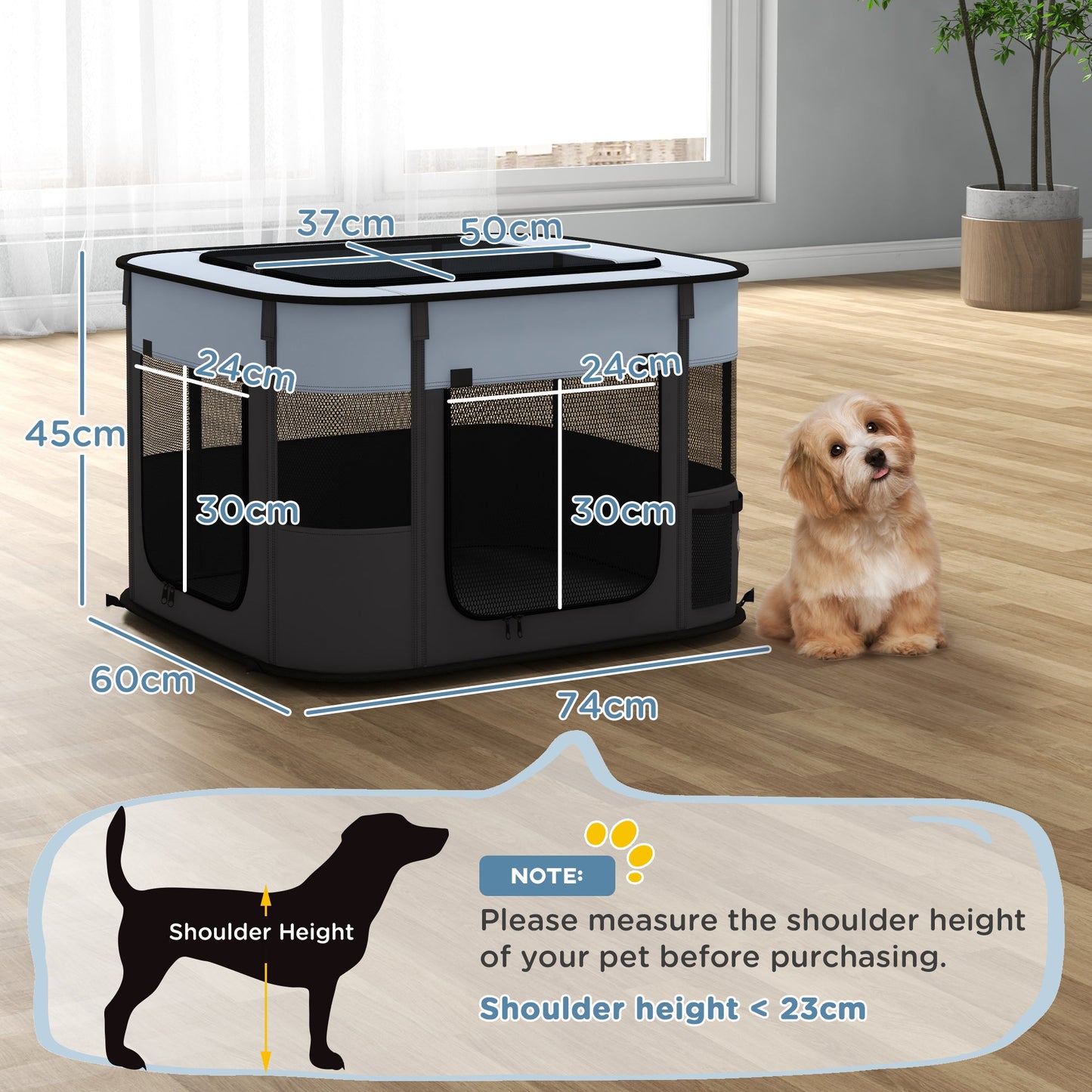 Dog Pen, Pet Playpen, Portable Foldable Dog Cat Playpen Soft Pet Cage with Storage Bag for Puppies, Rabbits, Kittens, Guinea Pigs, 74 x 60 x 45cm - Grey
