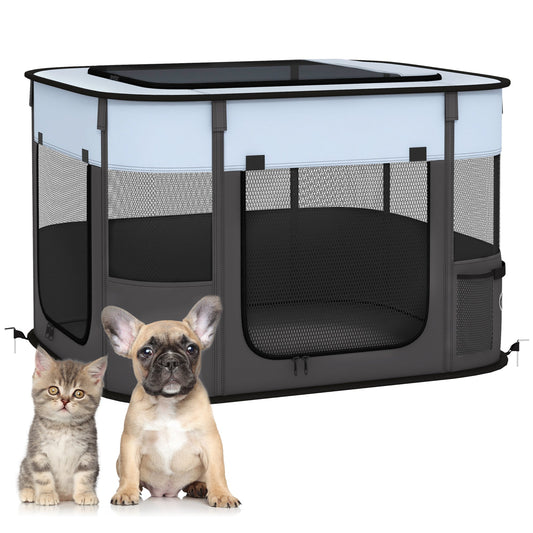 Dog Pen, Pet Playpen, Portable Foldable Dog Cat Playpen Soft Pet Cage with Storage Bag for Puppies, Rabbits, Kittens, Guinea Pigs, 74 x 60 x 45cm - Grey