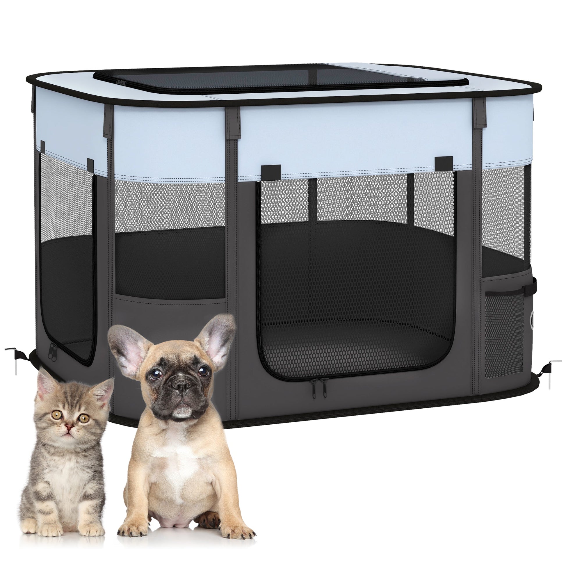 Dog Pen, Pet Playpen, Portable Foldable Dog Cat Playpen Soft Pet Cage with Storage Bag for Puppies, Rabbits, Kittens, Guinea Pigs, 74 x 60 x 45cm - Grey