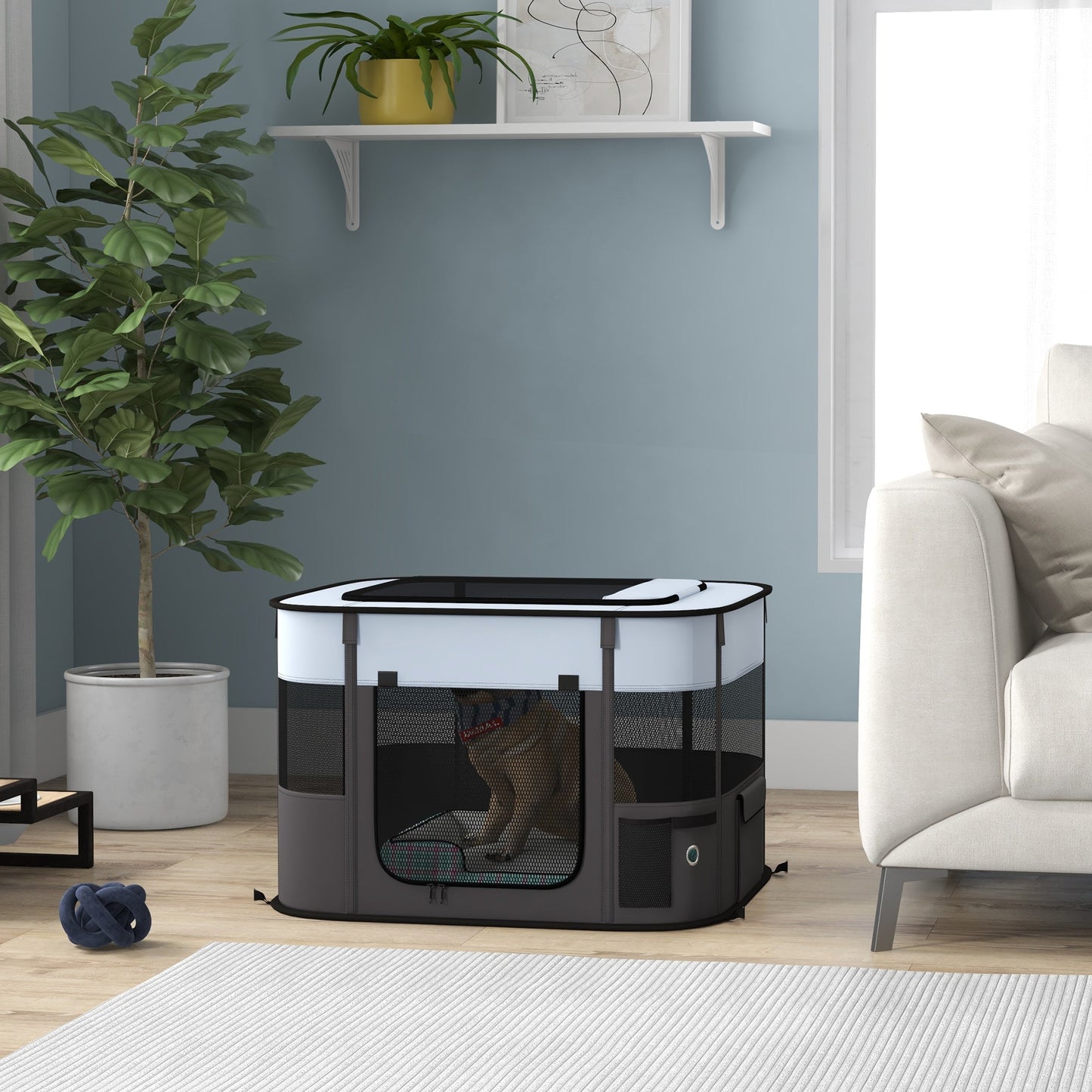 Dog Pen, Pet Playpen, Portable Foldable Dog Cat Playpen Soft Pet Cage with Storage Bag for Puppies, Rabbits, Kittens, Guinea Pigs, 74 x 60 x 45cm - Grey