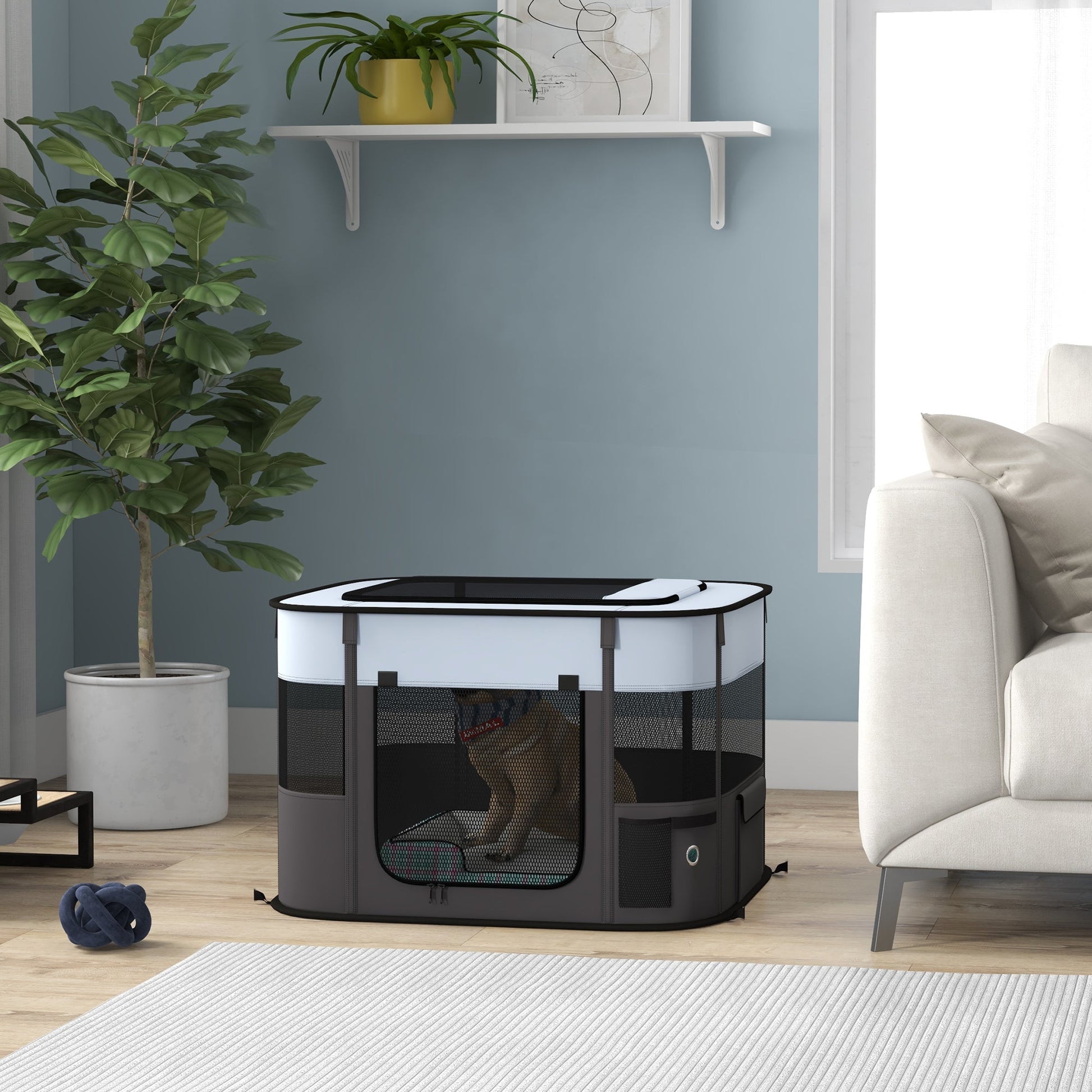 Dog Pen, Pet Playpen, Portable Foldable Dog Cat Playpen Soft Pet Cage with Storage Bag for Puppies, Rabbits, Kittens, Guinea Pigs, 74 x 60 x 45cm - Grey