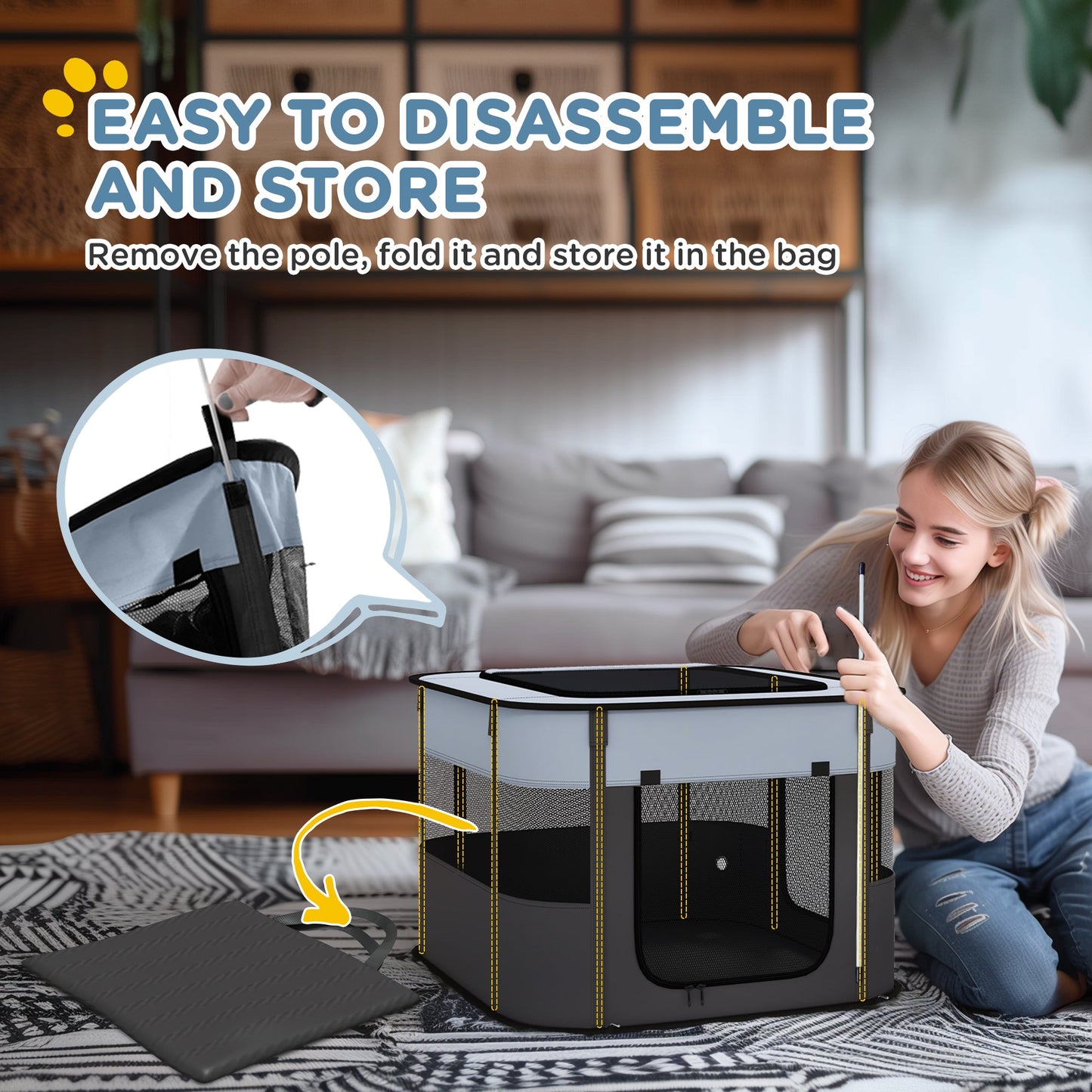 Dog Pen, Pet Playpen, Portable Foldable Dog Cat Playpen Soft Pet Cage with Storage Bag for Puppies, Rabbits, Kittens, Guinea Pigs, 74 x 60 x 45cm - Grey