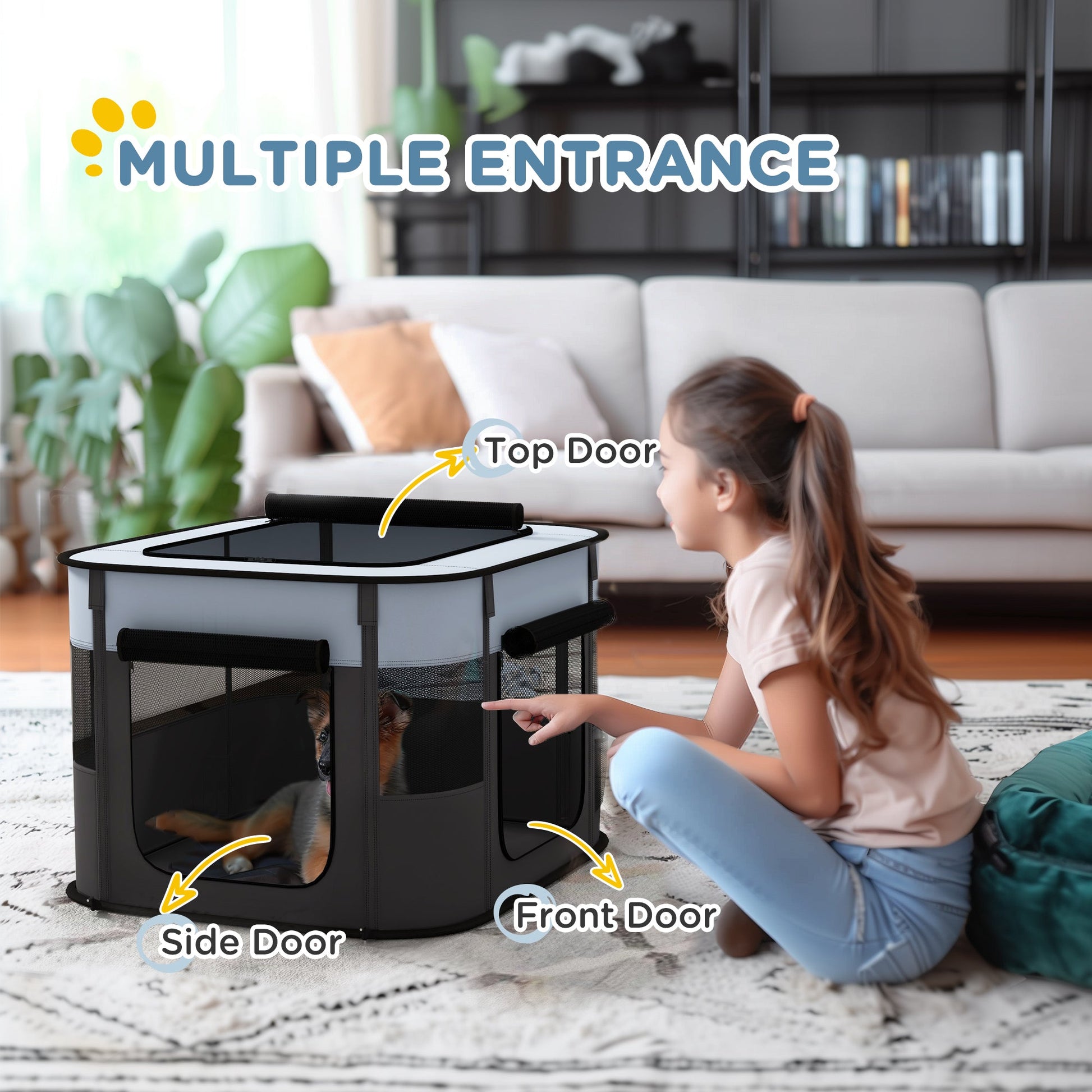 Dog Pen, Pet Playpen, Portable Foldable Dog Cat Playpen Soft Pet Cage with Storage Bag for Puppies, Rabbits, Kittens, Guinea Pigs, 74 x 60 x 45cm - Grey