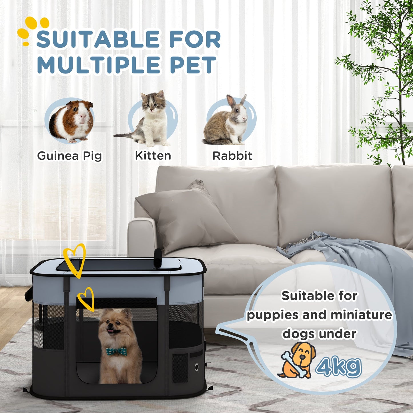 Dog Pen, Pet Playpen, Portable Foldable Dog Cat Playpen Soft Pet Cage with Storage Bag for Puppies, Rabbits, Kittens, Guinea Pigs, 74 x 60 x 45cm - Grey