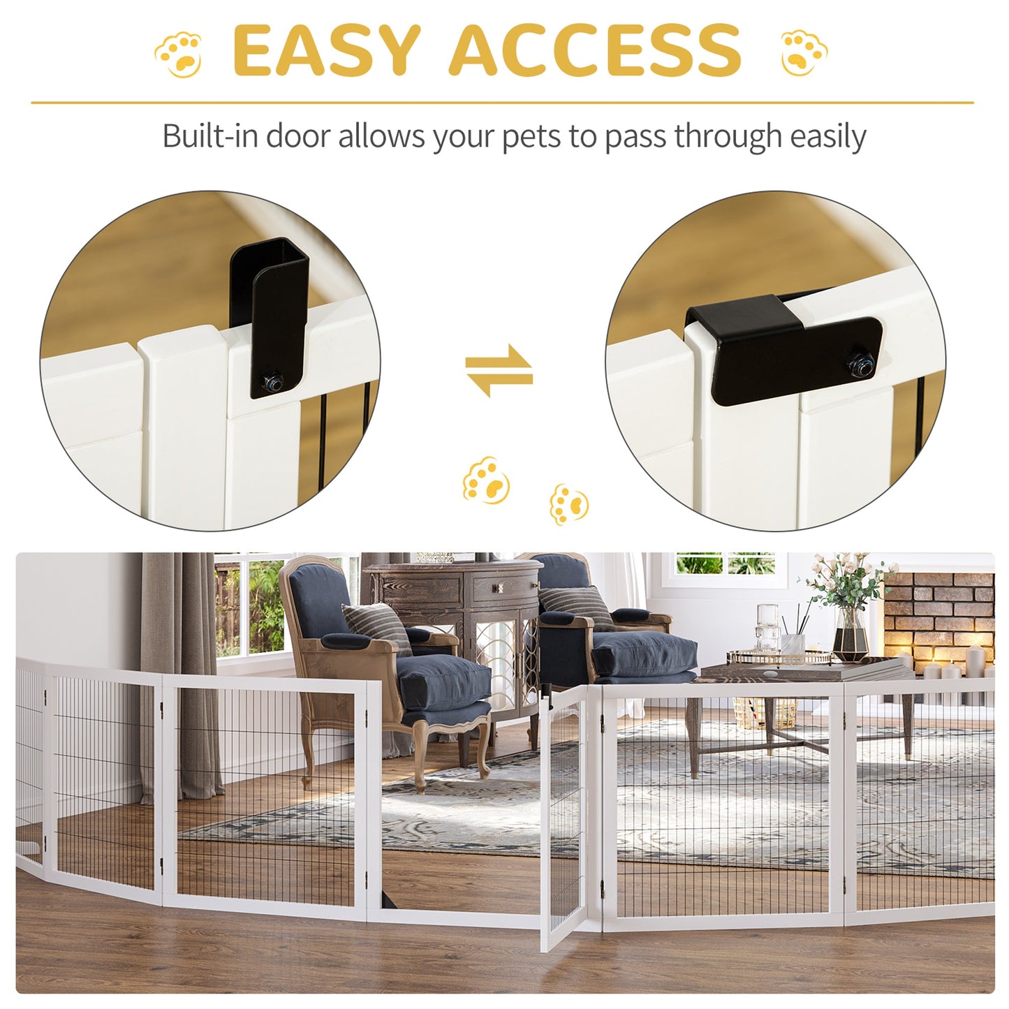 Freestanding Pet Gate, 6 Panel Foldable Playpen, Wooden Dog Gate with 2 Support Feet, for Stairs, Doorway - White