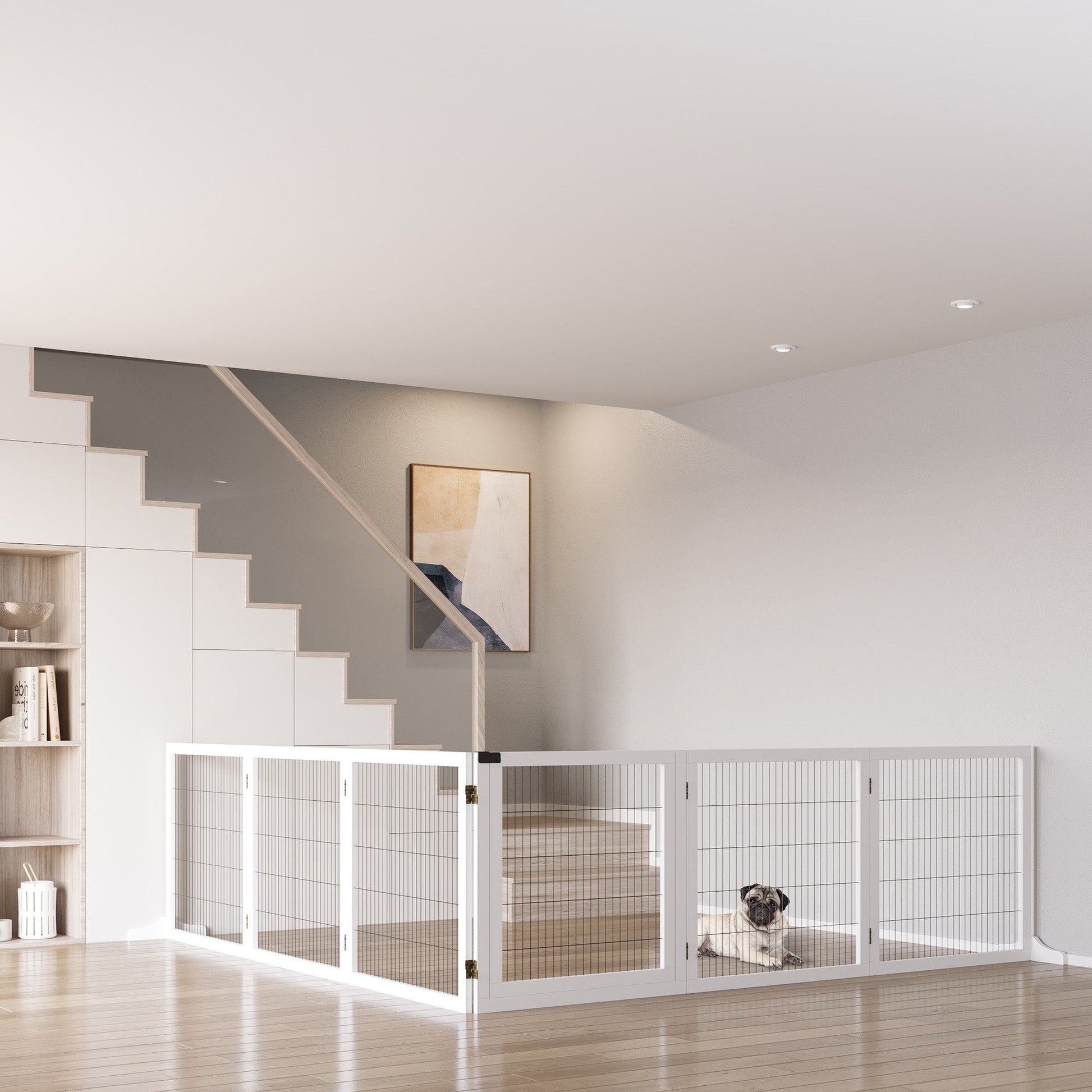Freestanding Pet Gate, 6 Panel Foldable Playpen, Wooden Dog Gate with 2 Support Feet, for Stairs, Doorway - White