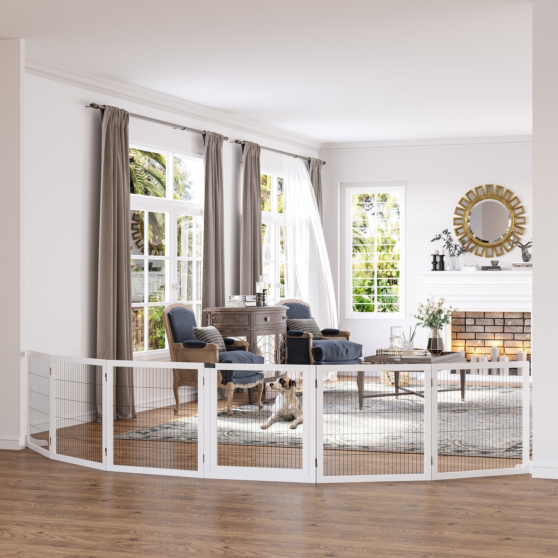 Freestanding Pet Gate, 6 Panel Foldable Playpen, Wooden Dog Gate with 2 Support Feet, for Stairs, Doorway - White