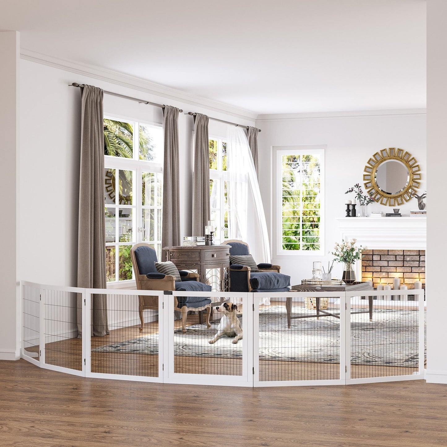 Freestanding Pet Gate, 6 Panel Foldable Playpen, Wooden Dog Gate with 2 Support Feet, for Stairs, Doorway - White