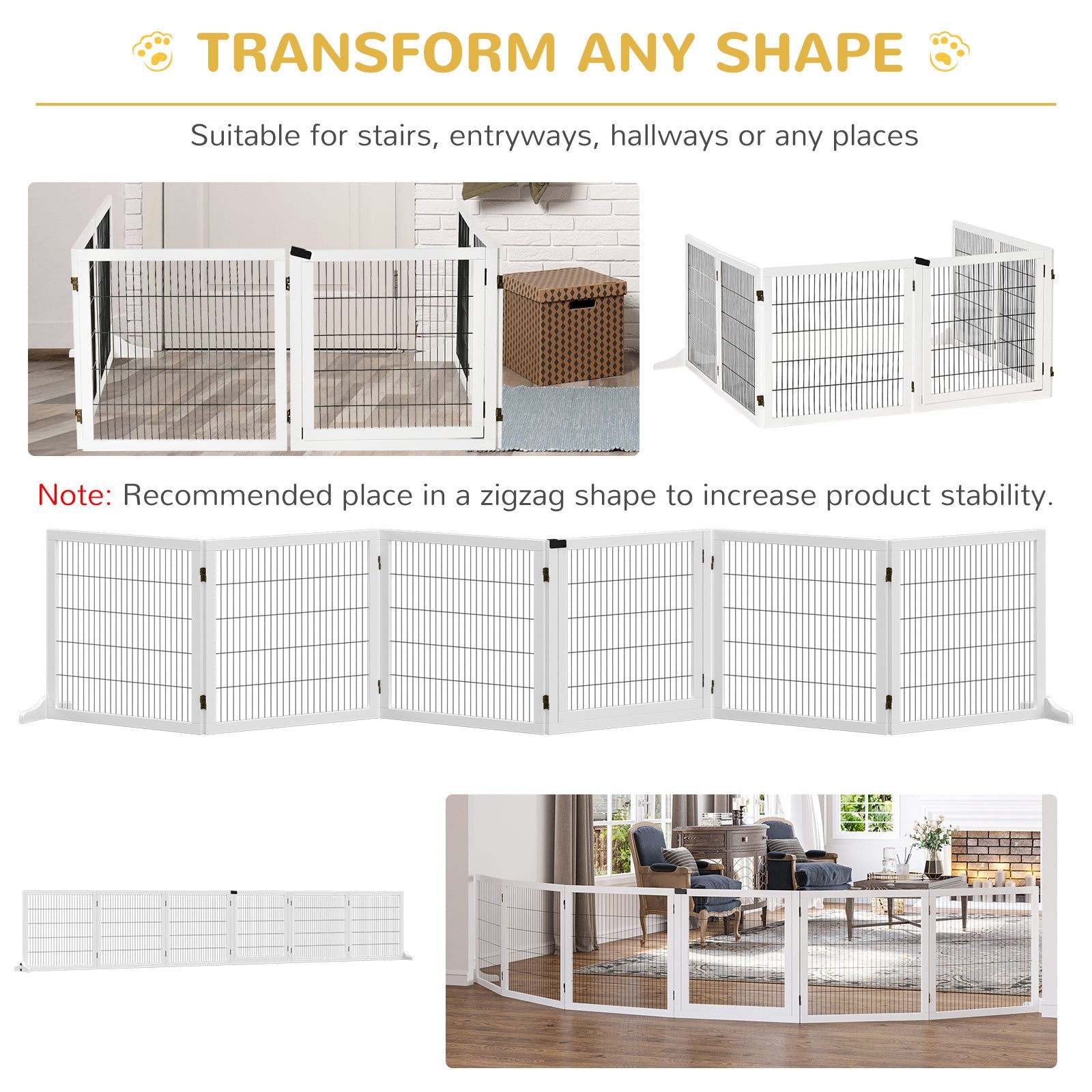 Freestanding Pet Gate, 6 Panel Foldable Playpen, Wooden Dog Gate with 2 Support Feet, for Stairs, Doorway - White