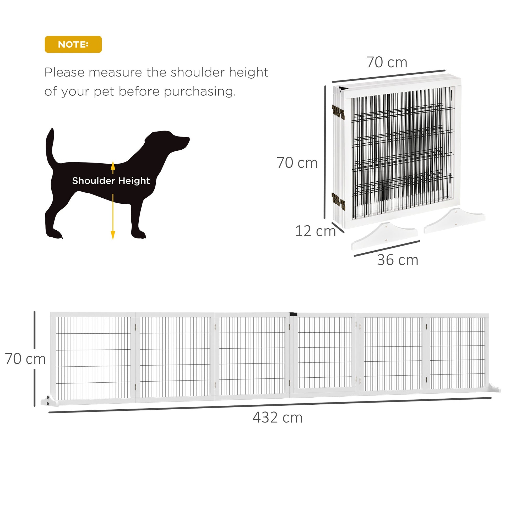 Freestanding Pet Gate, 6 Panel Foldable Playpen, Wooden Dog Gate with 2 Support Feet, for Stairs, Doorway - White