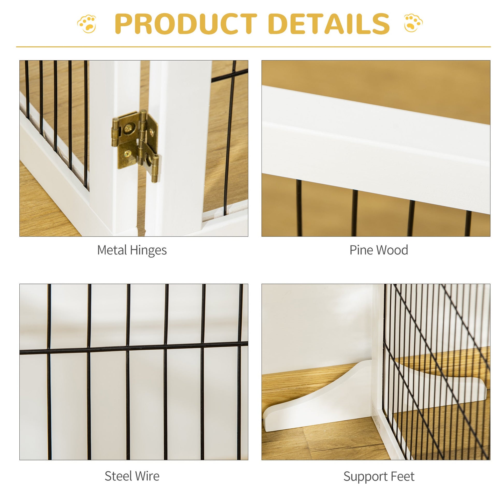 Freestanding Pet Gate, 6 Panel Foldable Playpen, Wooden Dog Gate with 2 Support Feet, for Stairs, Doorway - White
