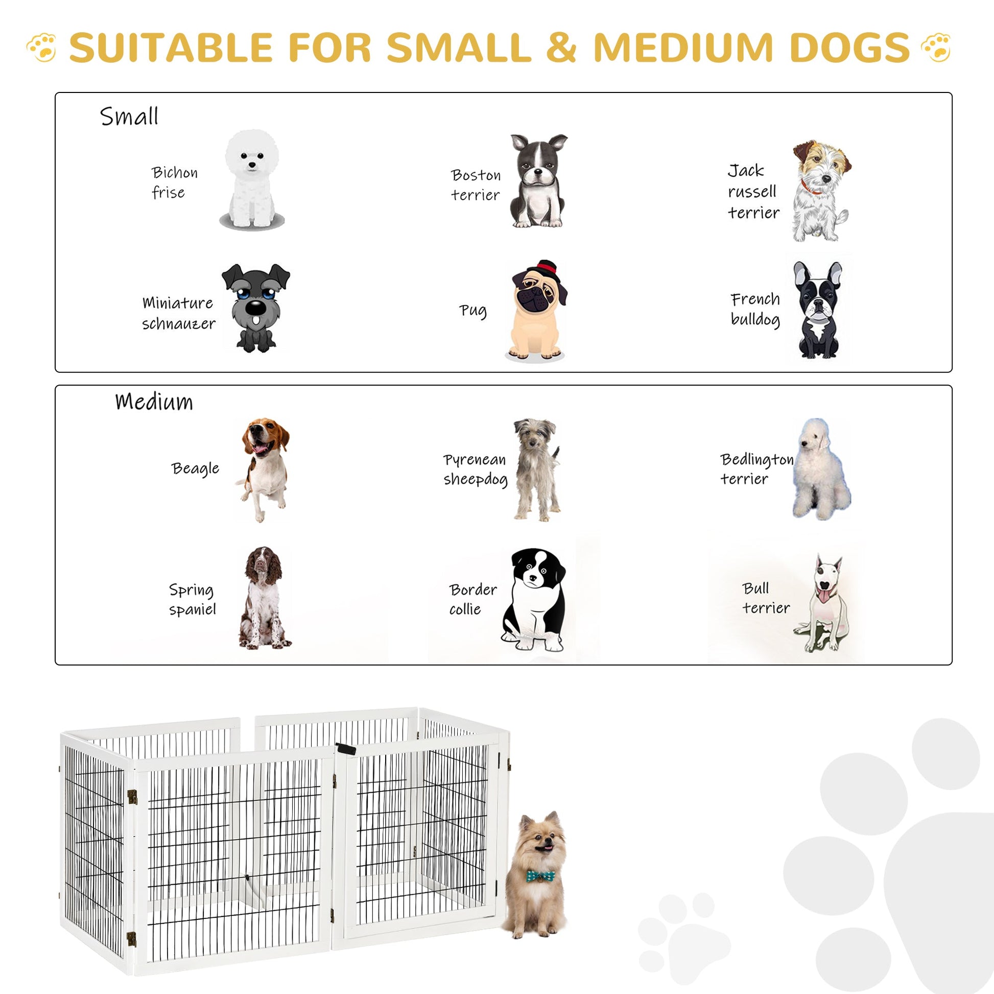 Freestanding Pet Gate, 6 Panel Foldable Playpen, Wooden Dog Gate with 2 Support Feet, for Stairs, Doorway - White