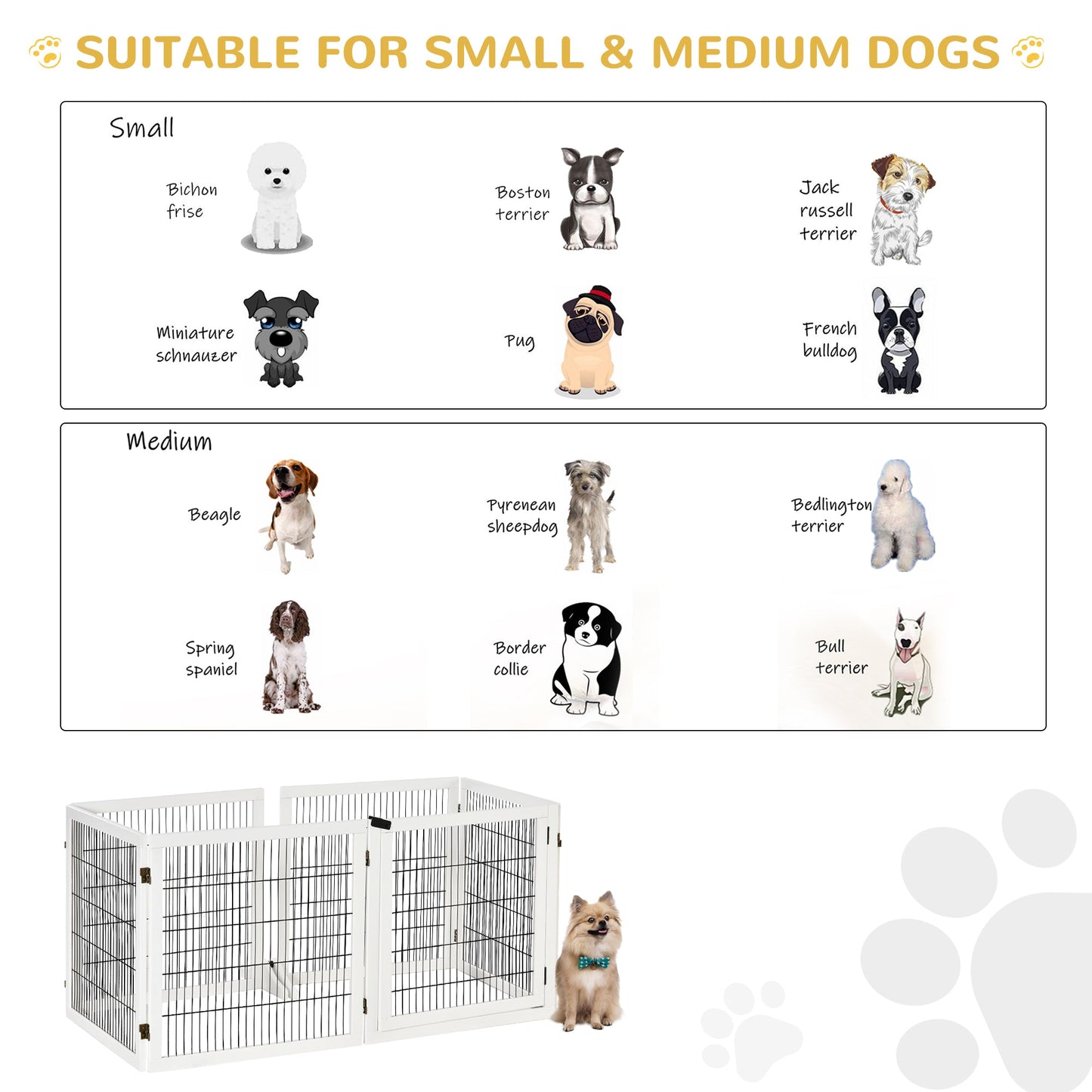 Freestanding Pet Gate, 6 Panel Foldable Playpen, Wooden Dog Gate with 2 Support Feet, for Stairs, Doorway - White
