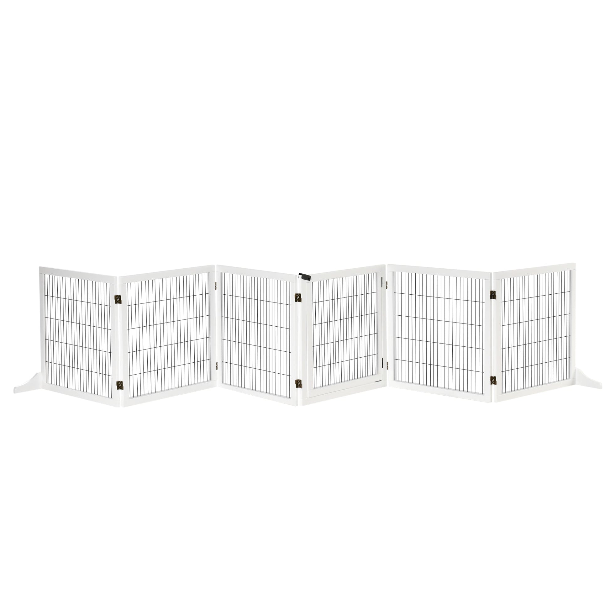 Freestanding Pet Gate, 6 Panel Foldable Playpen, Wooden Dog Gate with 2 Support Feet, for Stairs, Doorway - White
