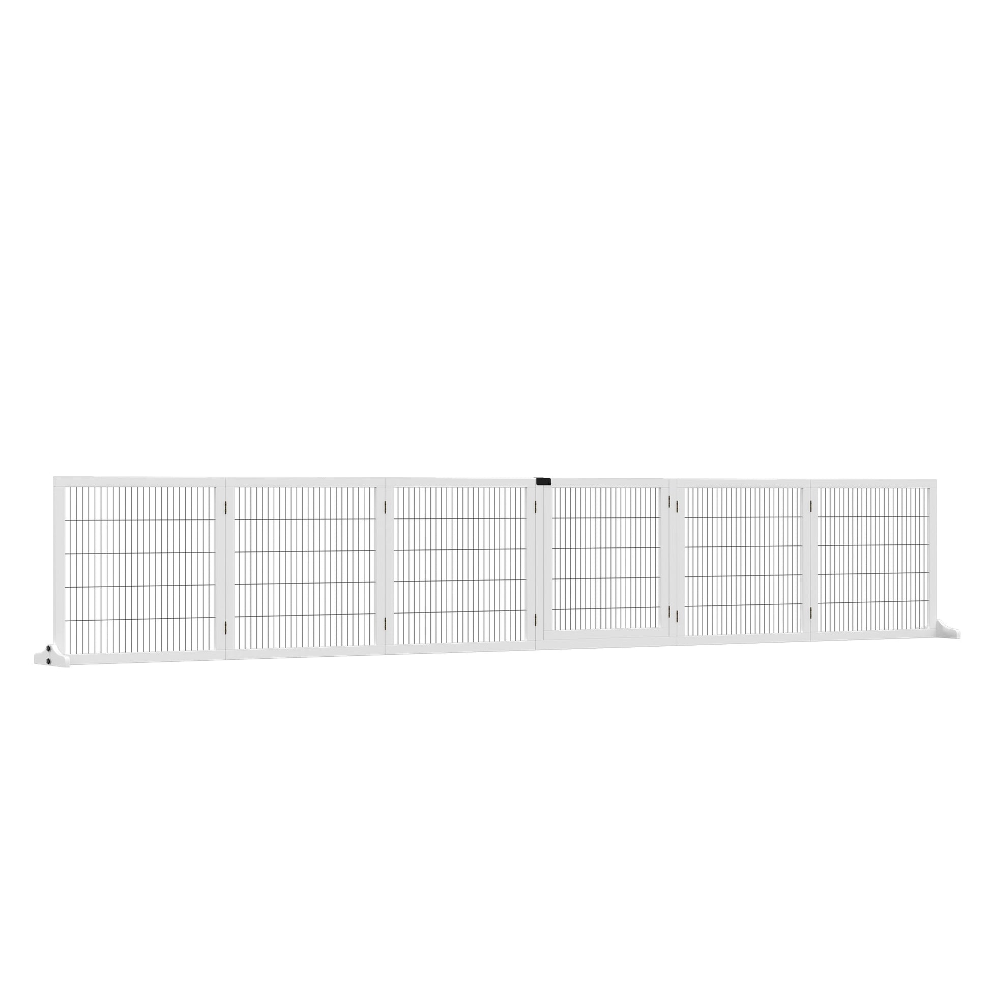 Freestanding Pet Gate, 6 Panel Foldable Playpen, Wooden Dog Gate with 2 Support Feet, for Stairs, Doorway - White