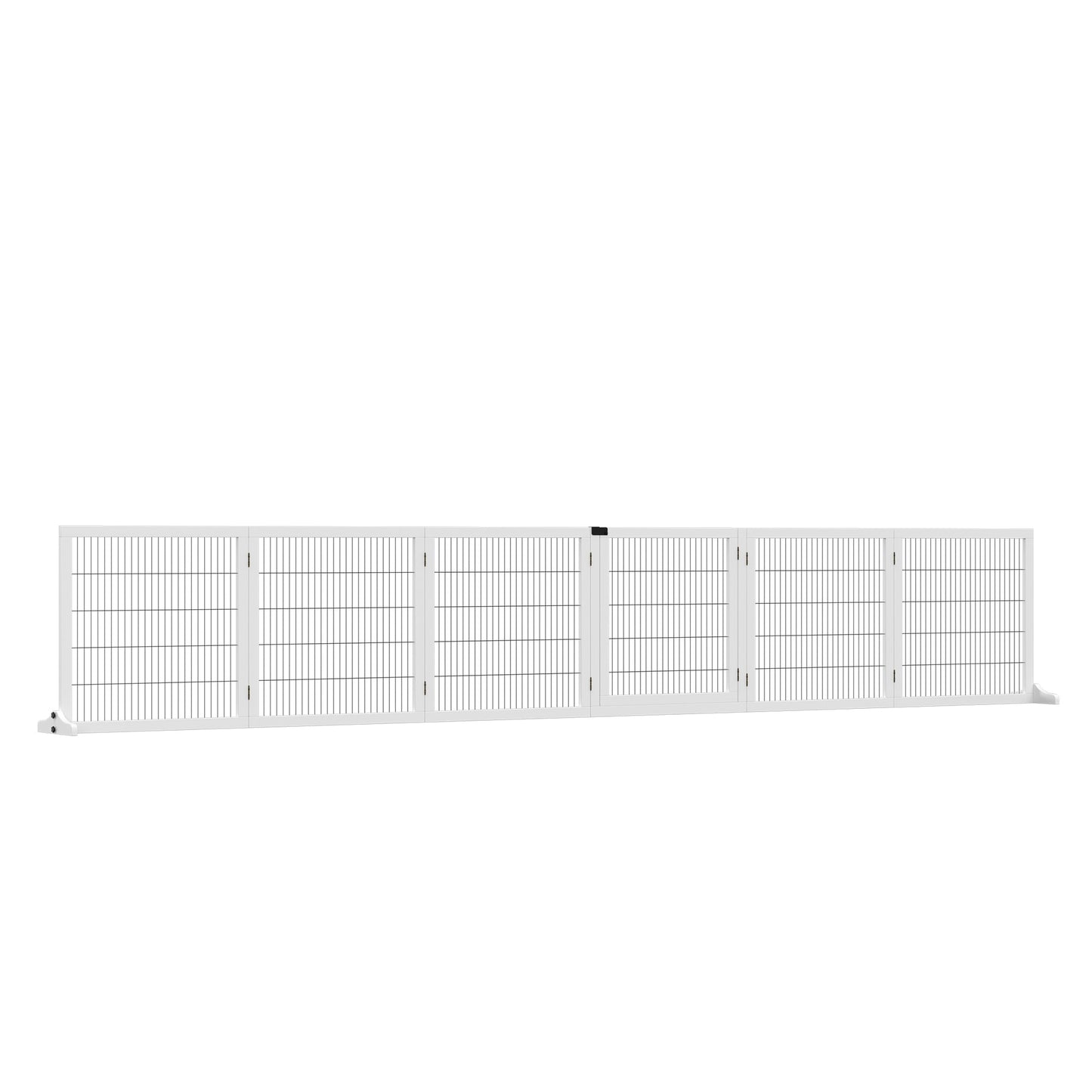 Freestanding Pet Gate, 6 Panel Foldable Playpen, Wooden Dog Gate with 2 Support Feet, for Stairs, Doorway - White