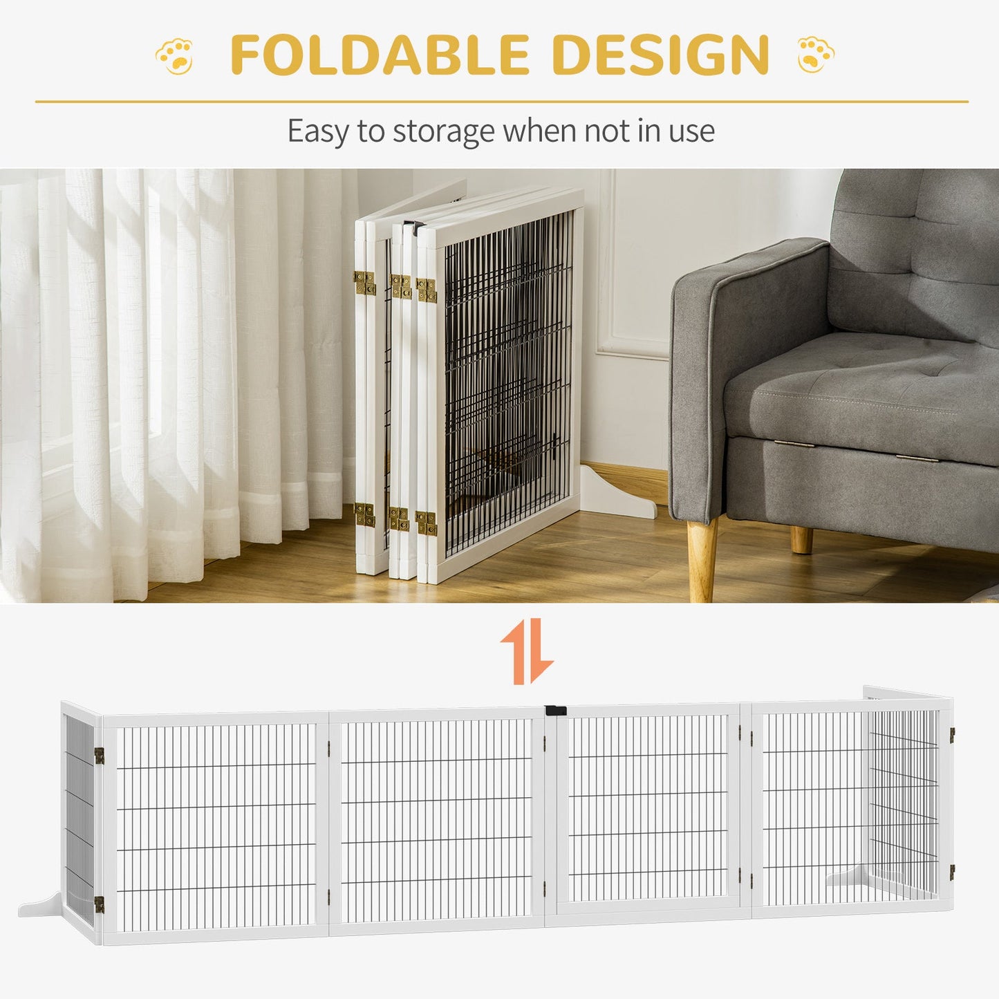 Freestanding Pet Gate, 6 Panel Foldable Playpen, Wooden Dog Gate with 2 Support Feet, for Stairs, Doorway - White