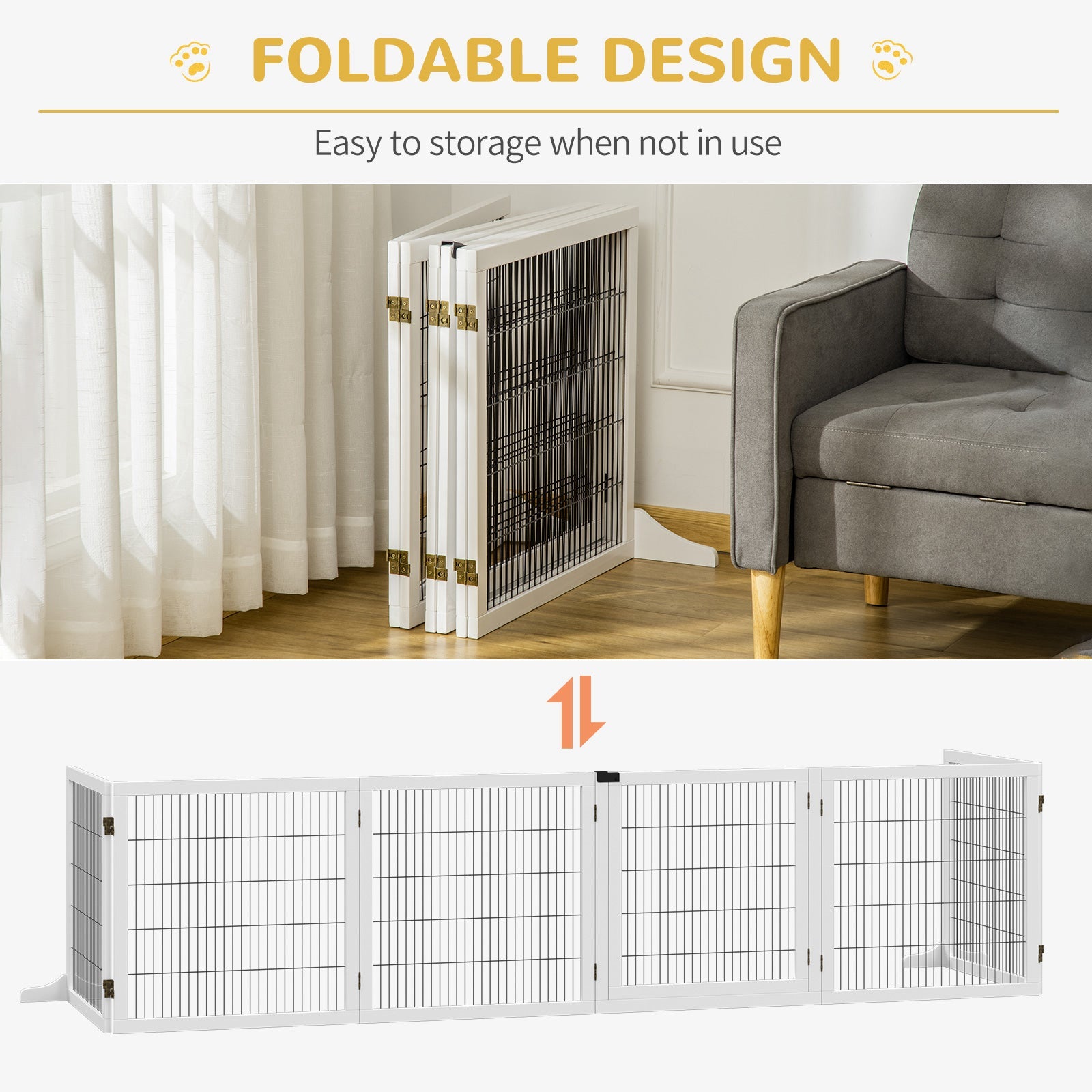 Freestanding Pet Gate, 6 Panel Foldable Playpen, Wooden Dog Gate with 2 Support Feet, for Stairs, Doorway - White