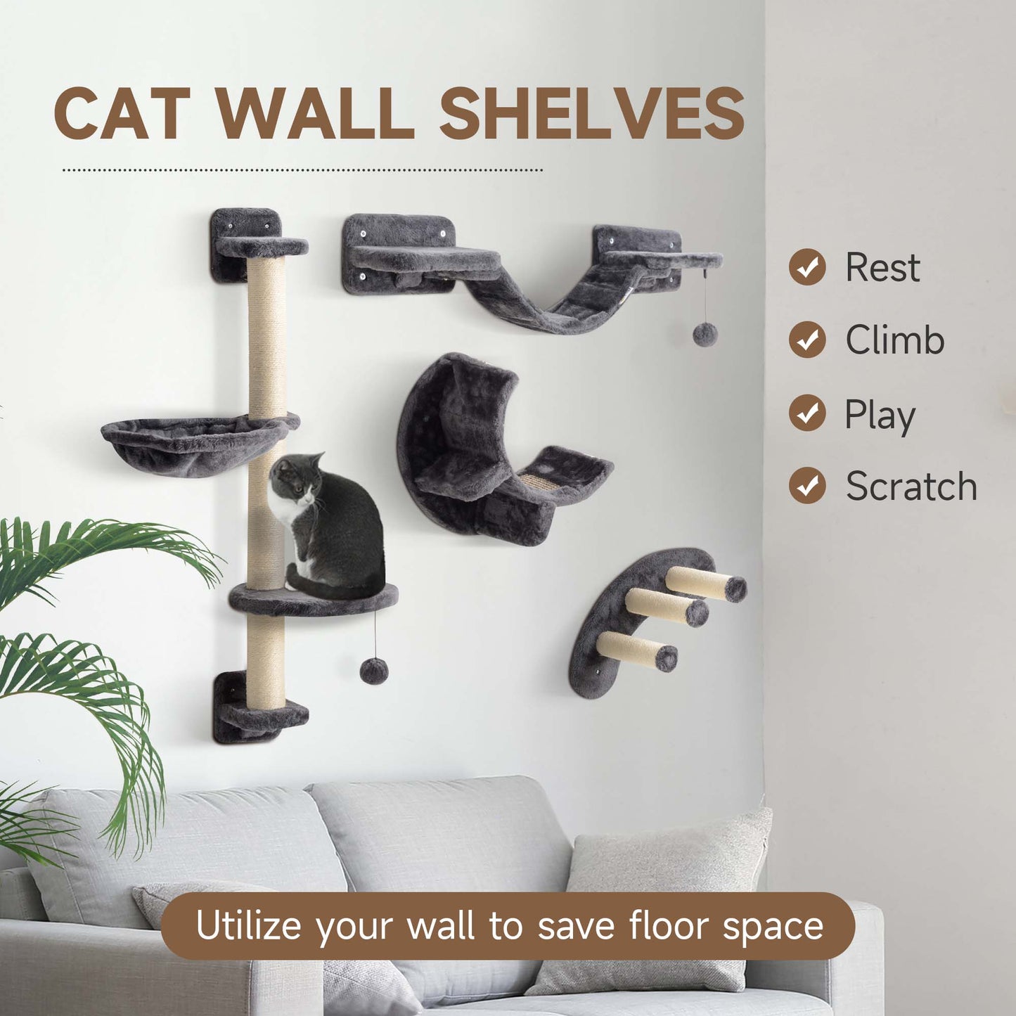 4 Piece Cat Shelves, Cat Wall Furniture with Hammock, Scratching Posts, Soft Ladder, Steps, Jump Platforms, for Indoor Kittens - Dark Grey