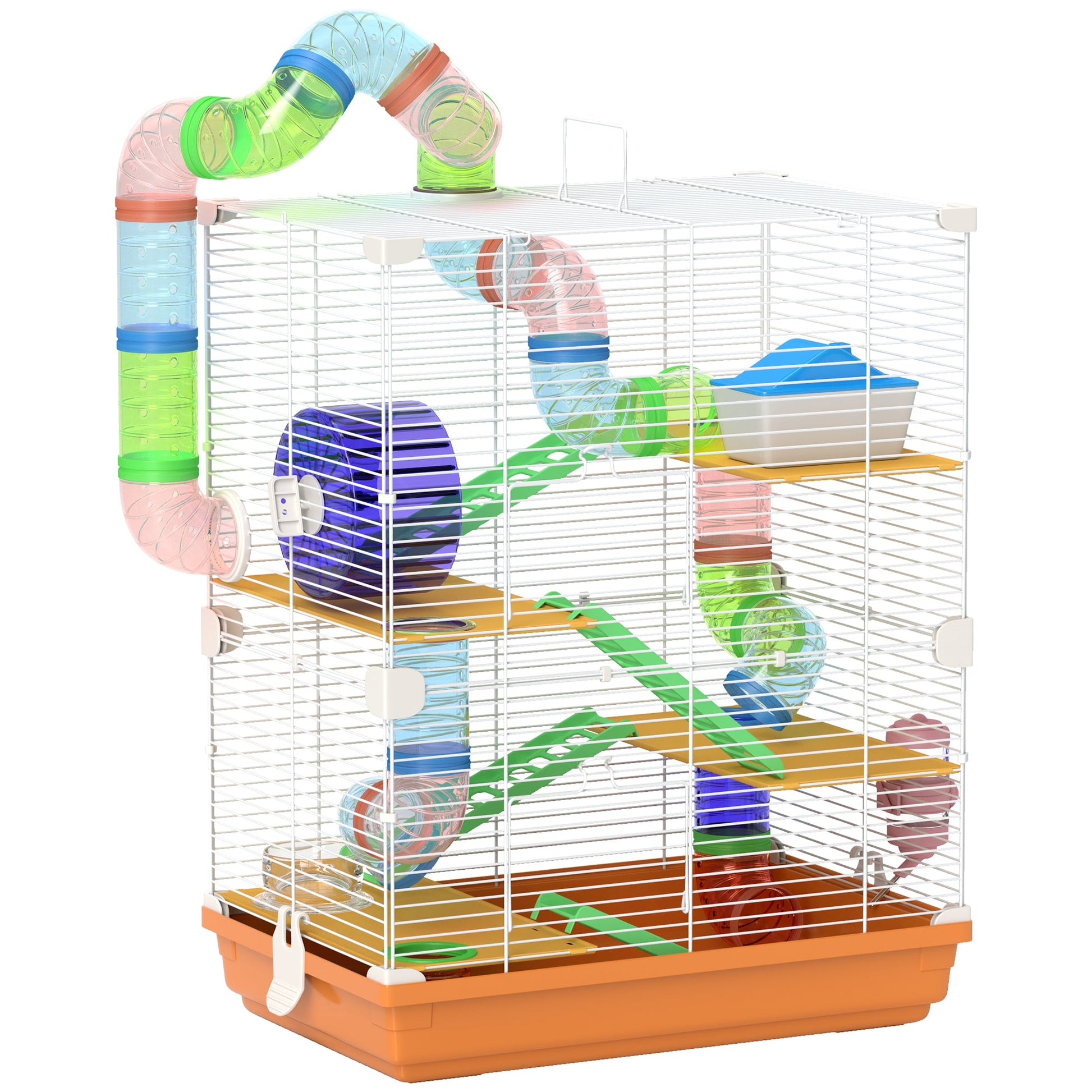 5 Tier Hamster Cage, Gerbil Cage with Tube Exercise Wheels, Tunnel, Water Bottle, Dishes, 58H x 46L x 30Wcm, Orange