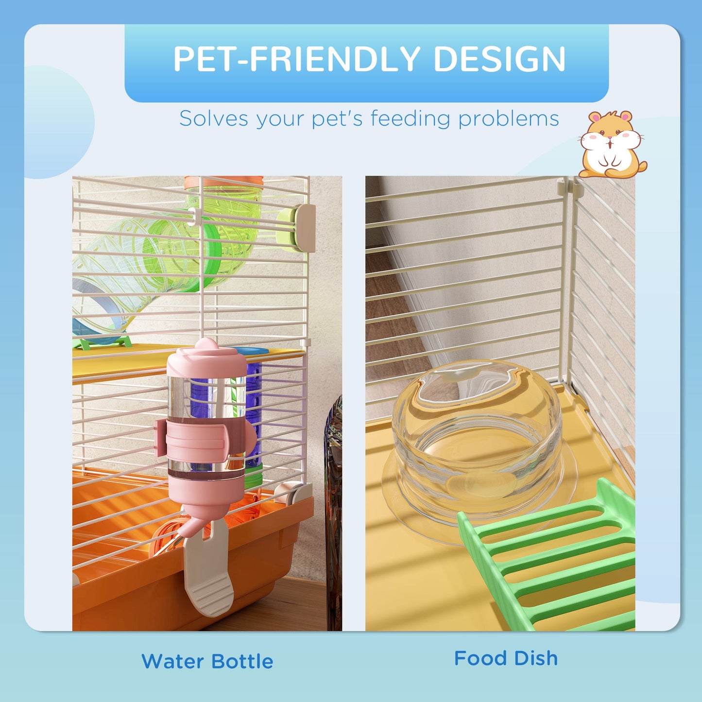 5 Tier Hamster Cage, Gerbil Cage with Tube Exercise Wheels, Tunnel, Water Bottle, Dishes, 58H x 46L x 30Wcm, Orange