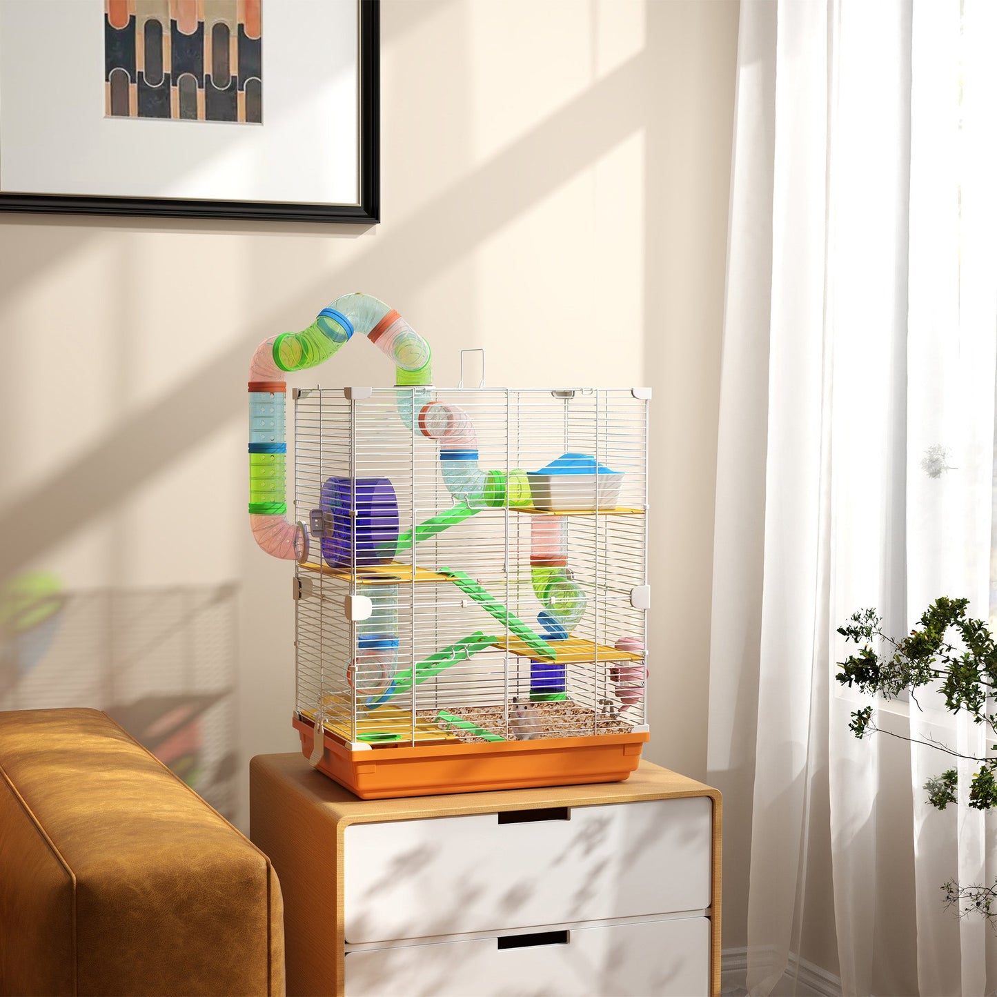 5 Tier Hamster Cage, Gerbil Cage with Tube Exercise Wheels, Tunnel, Water Bottle, Dishes, 58H x 46L x 30Wcm, Orange