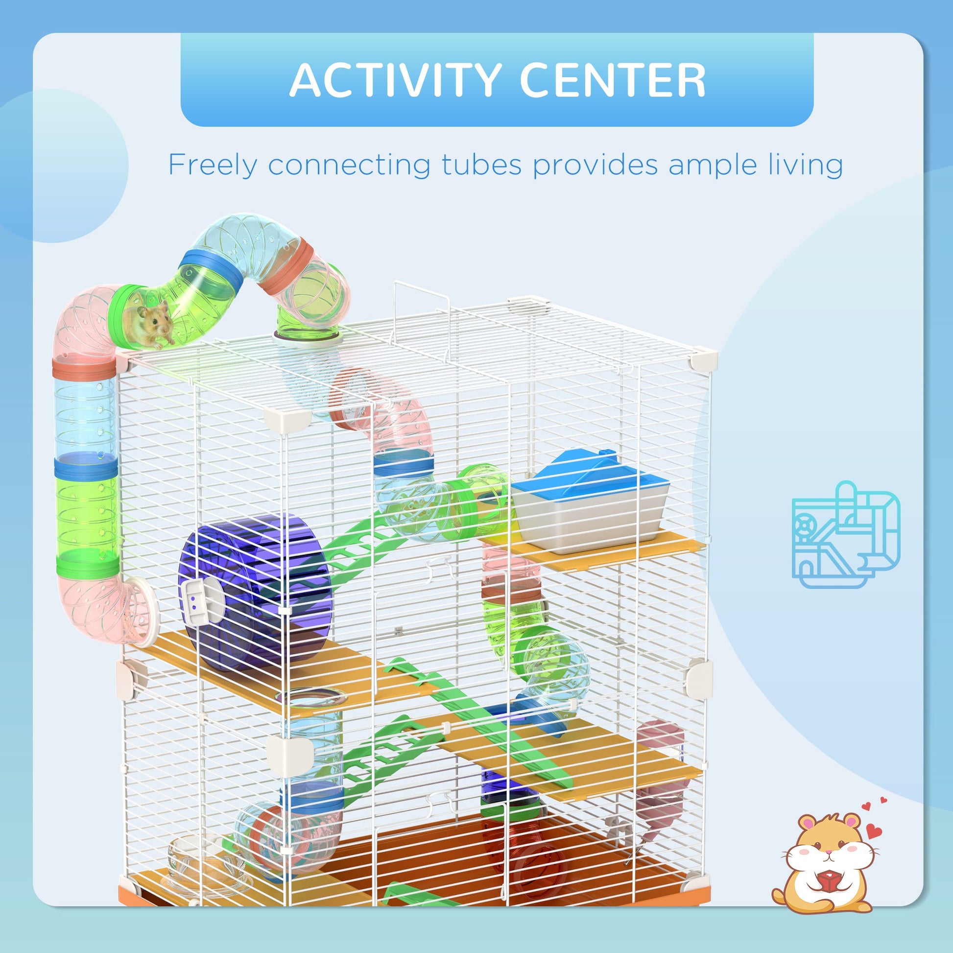5 Tier Hamster Cage, Gerbil Cage with Tube Exercise Wheels, Tunnel, Water Bottle, Dishes, 58H x 46L x 30Wcm, Orange