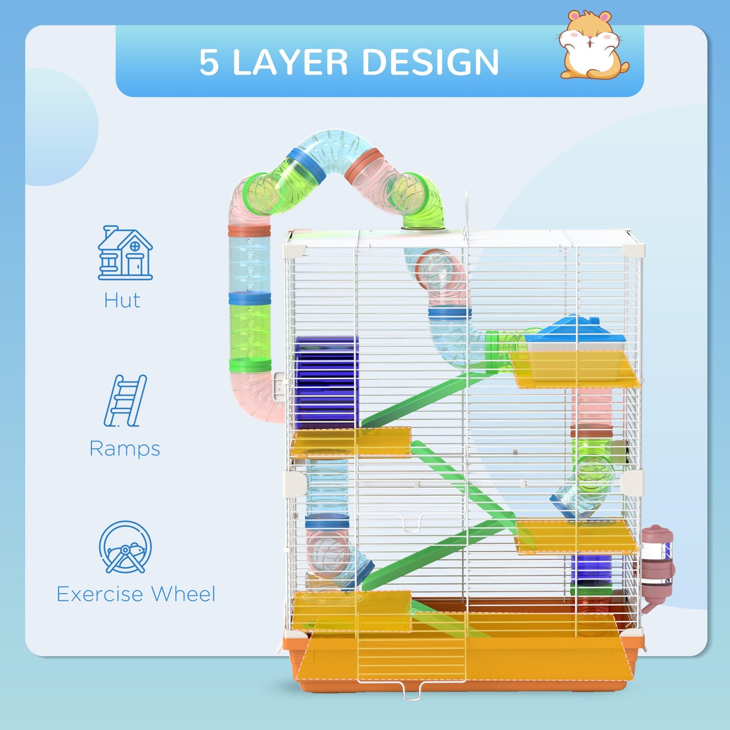 5 Tier Hamster Cage, Gerbil Cage with Tube Exercise Wheels, Tunnel, Water Bottle, Dishes, 58H x 46L x 30Wcm, Orange