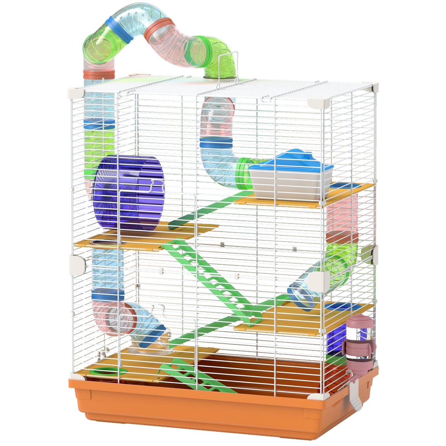 5 Tier Hamster Cage, Gerbil Cage with Tube Exercise Wheels, Tunnel, Water Bottle, Dishes, 58H x 46L x 30Wcm, Orange